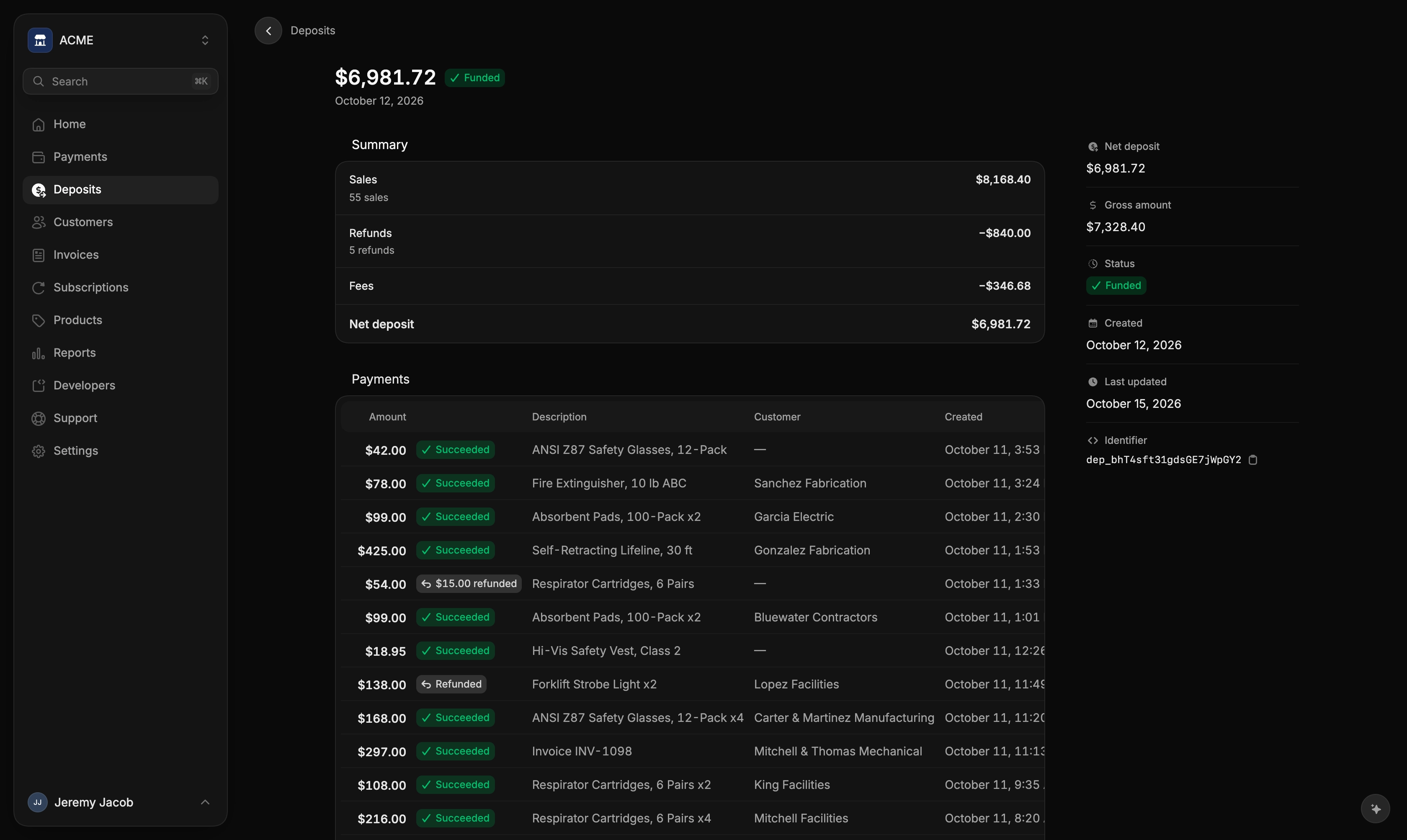 A deposit's Summary and Payments cards
