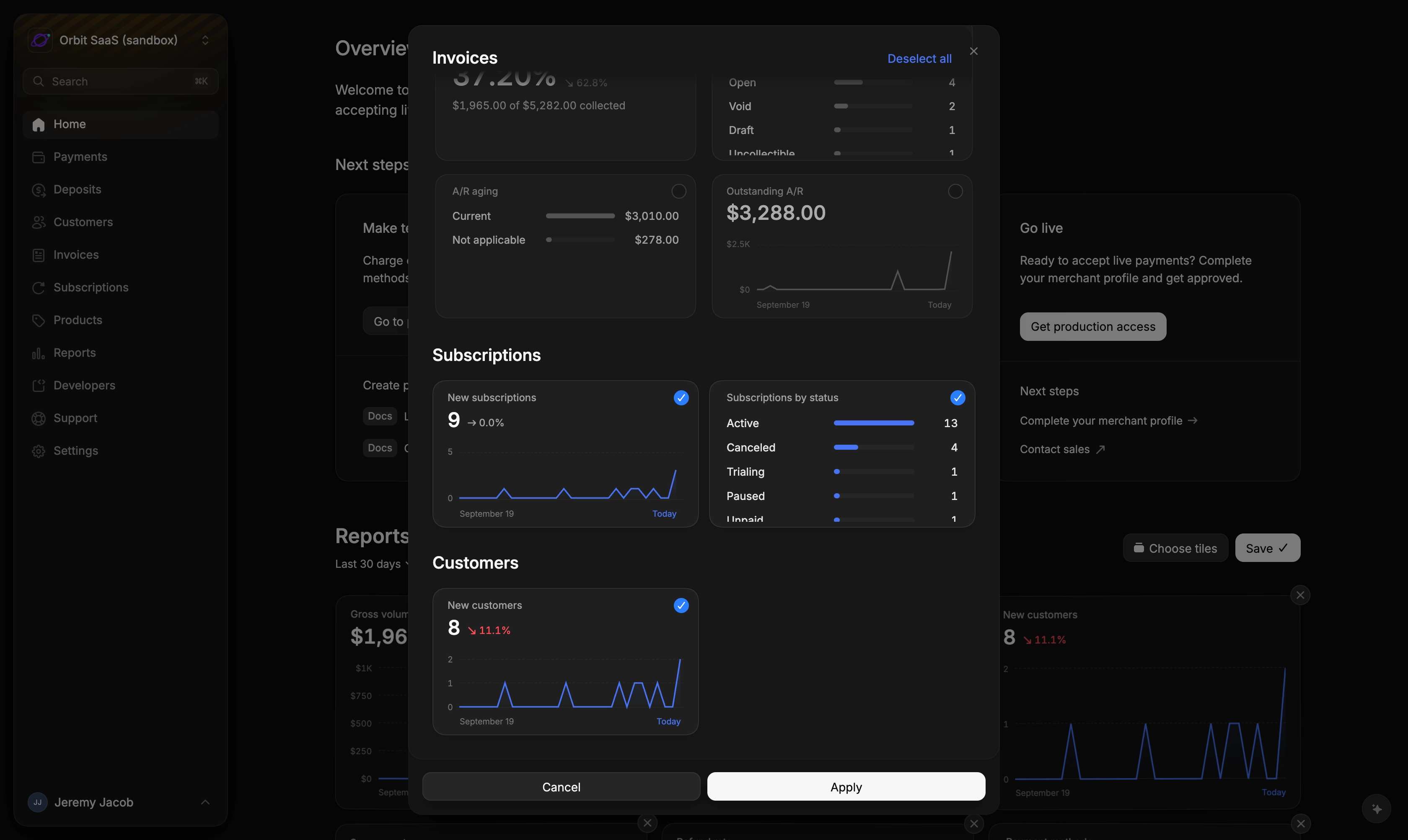 Choosing the New subscriptions and Subscriptions by status tiles