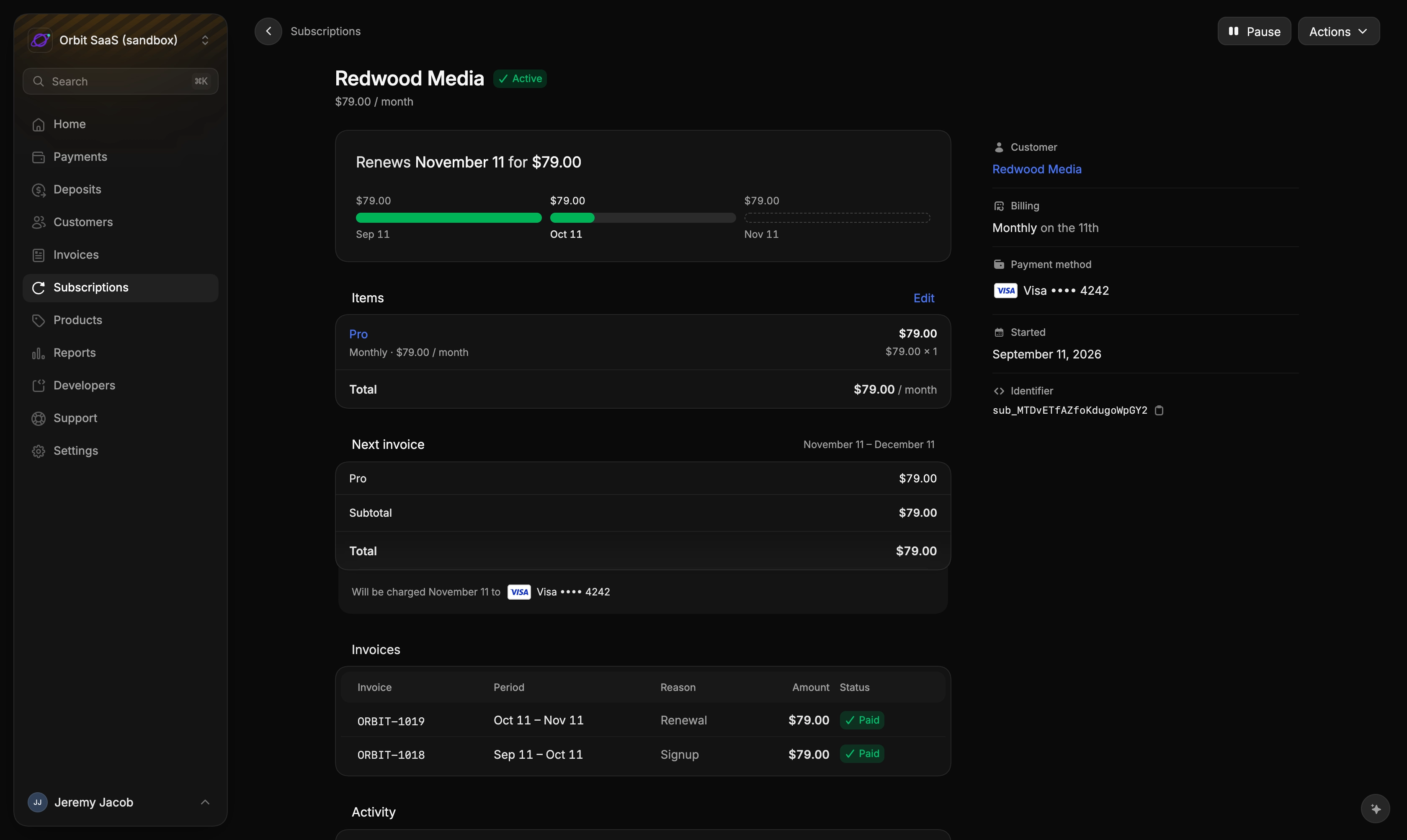 A subscription's page with its billing schedule