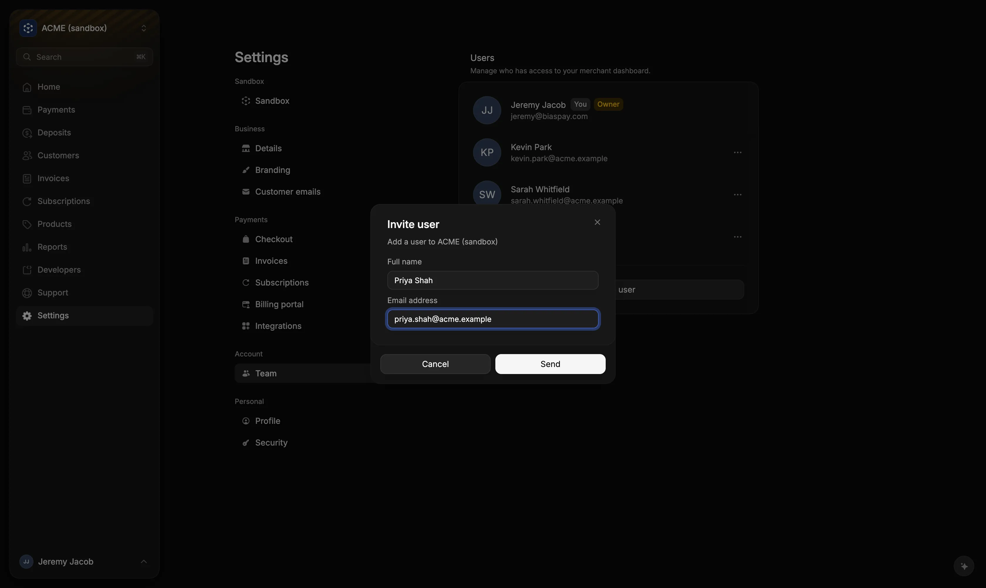 The Invite user dialog in Settings → Team