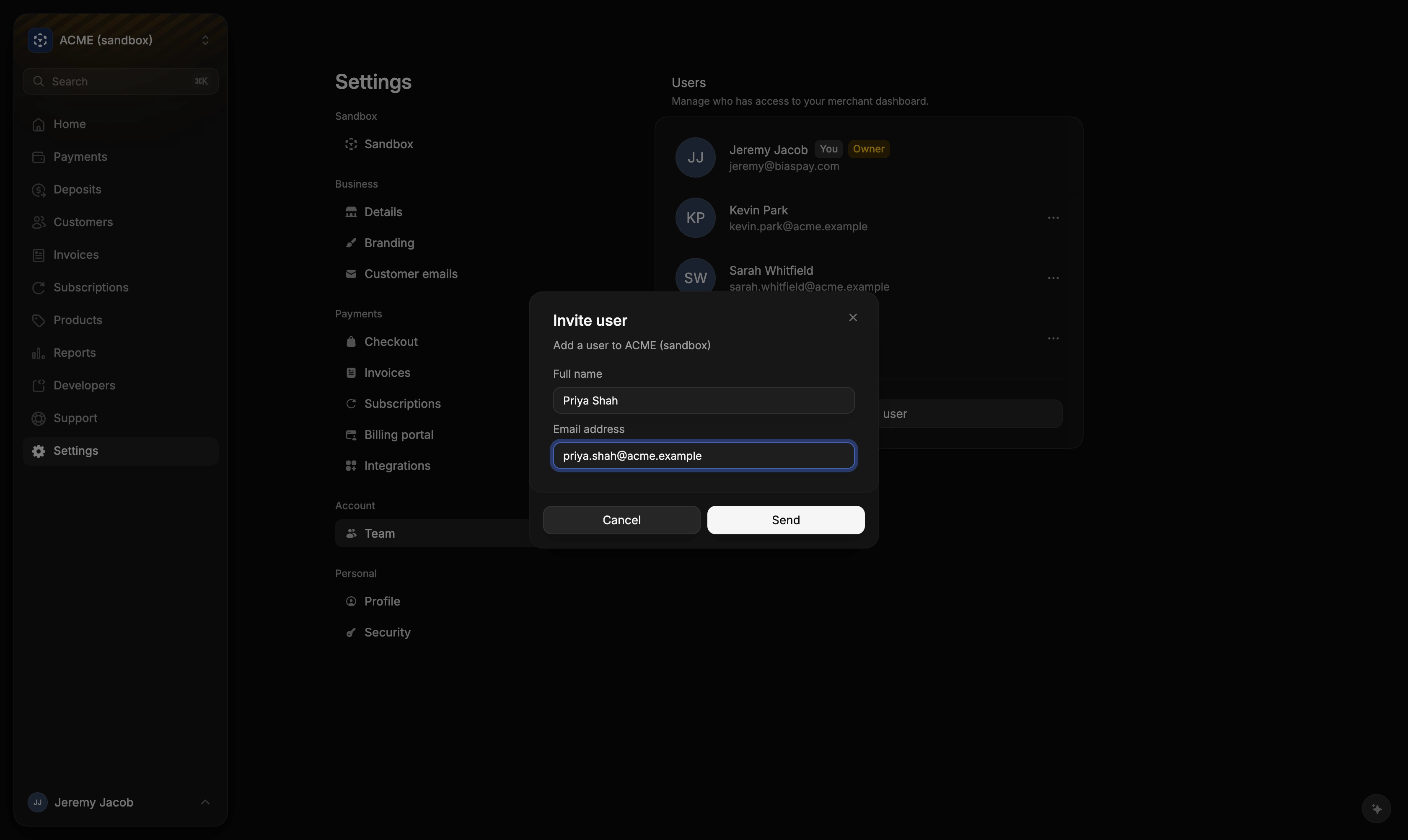The Invite user dialog in Settings → Team