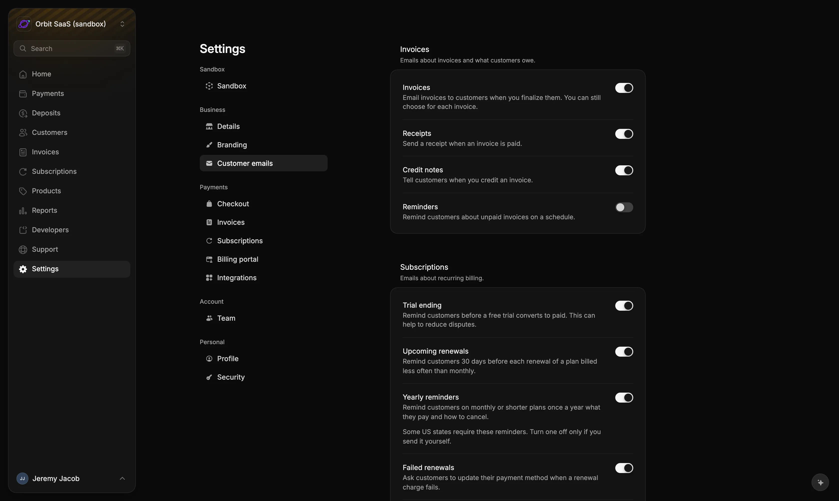 The Customer emails settings page with a switch for each email