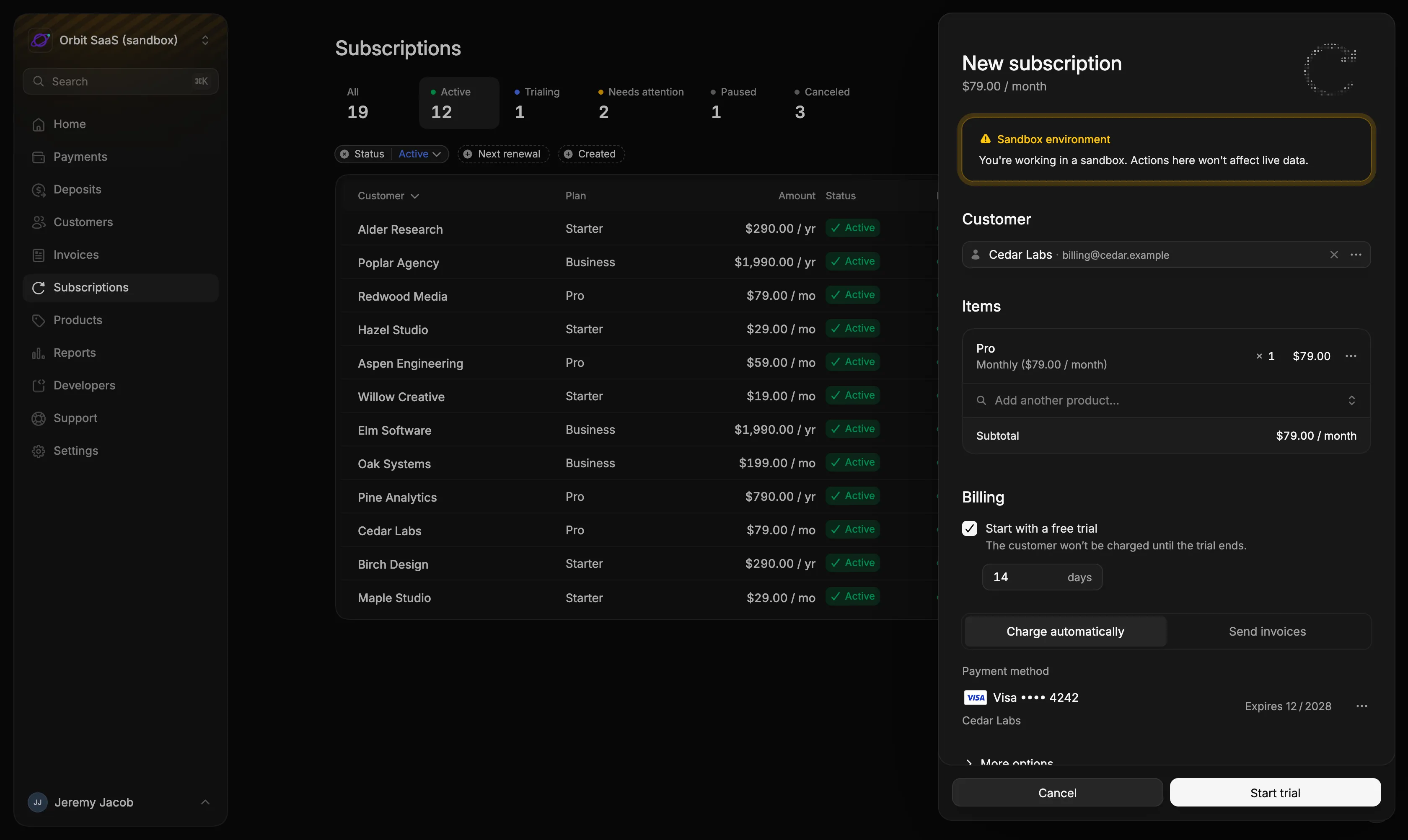 Starting a subscription with a 14-day free trial