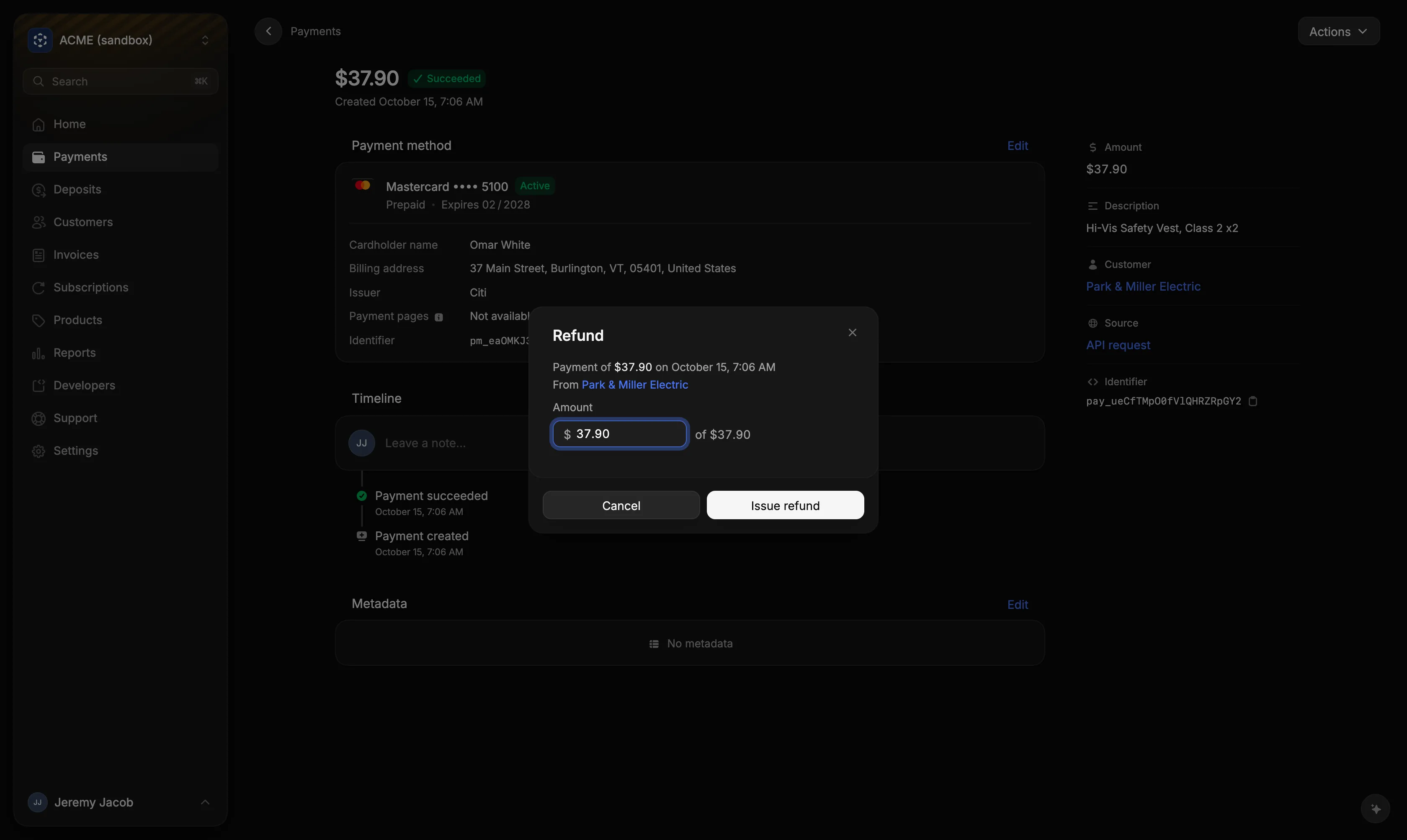 The Refund dialog on a payment