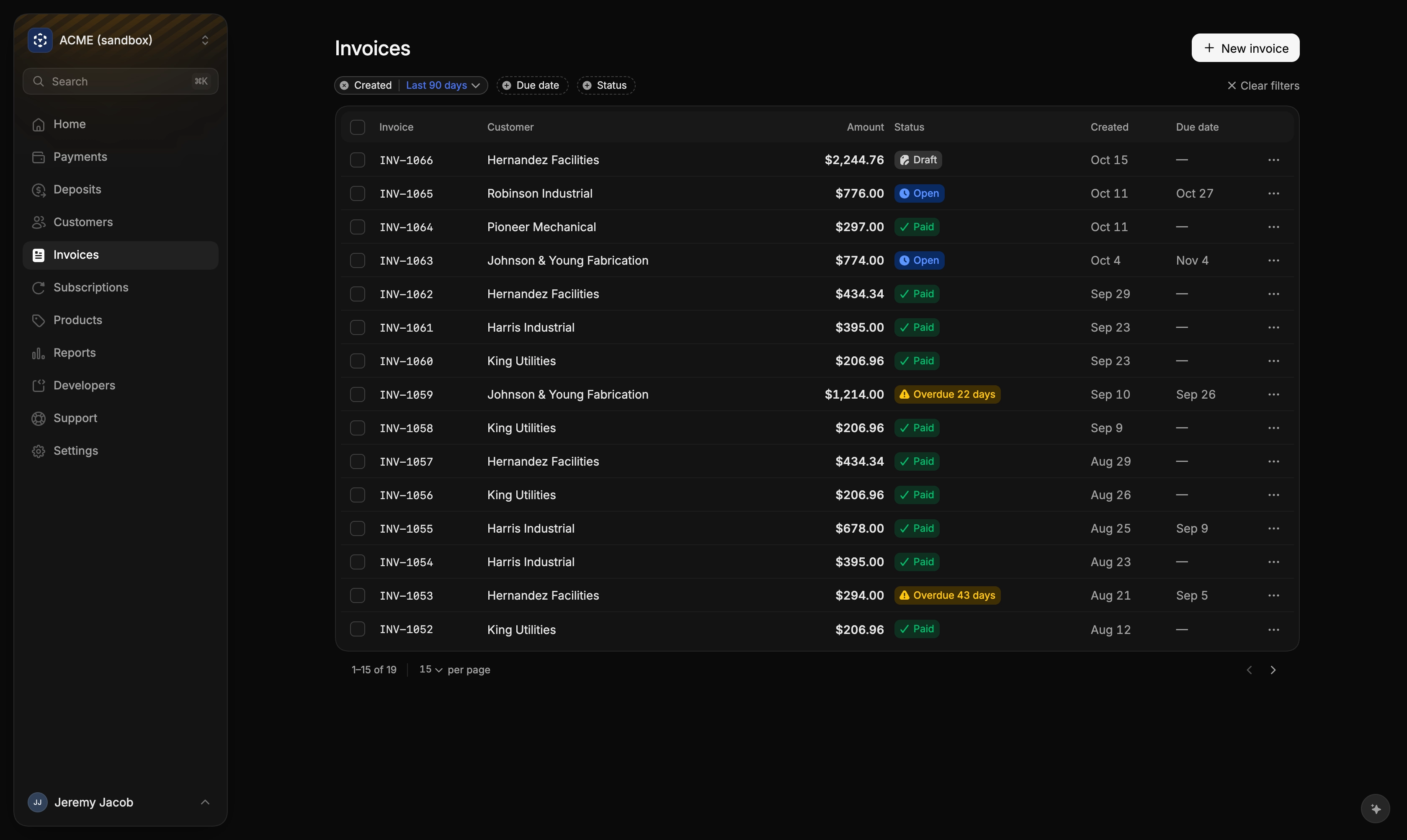 The Invoices list in the Bias dashboard