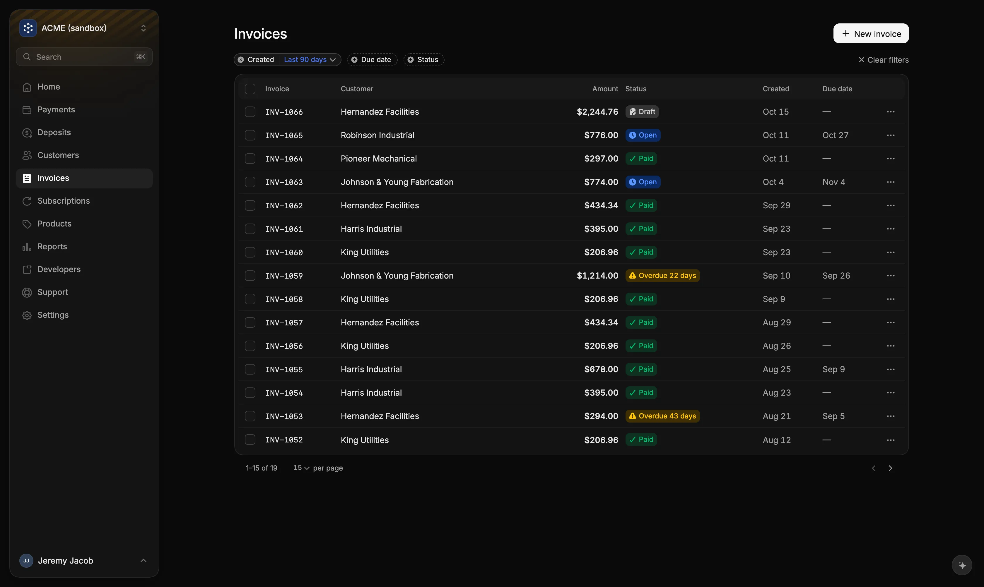 The Invoices list in the Bias dashboard
