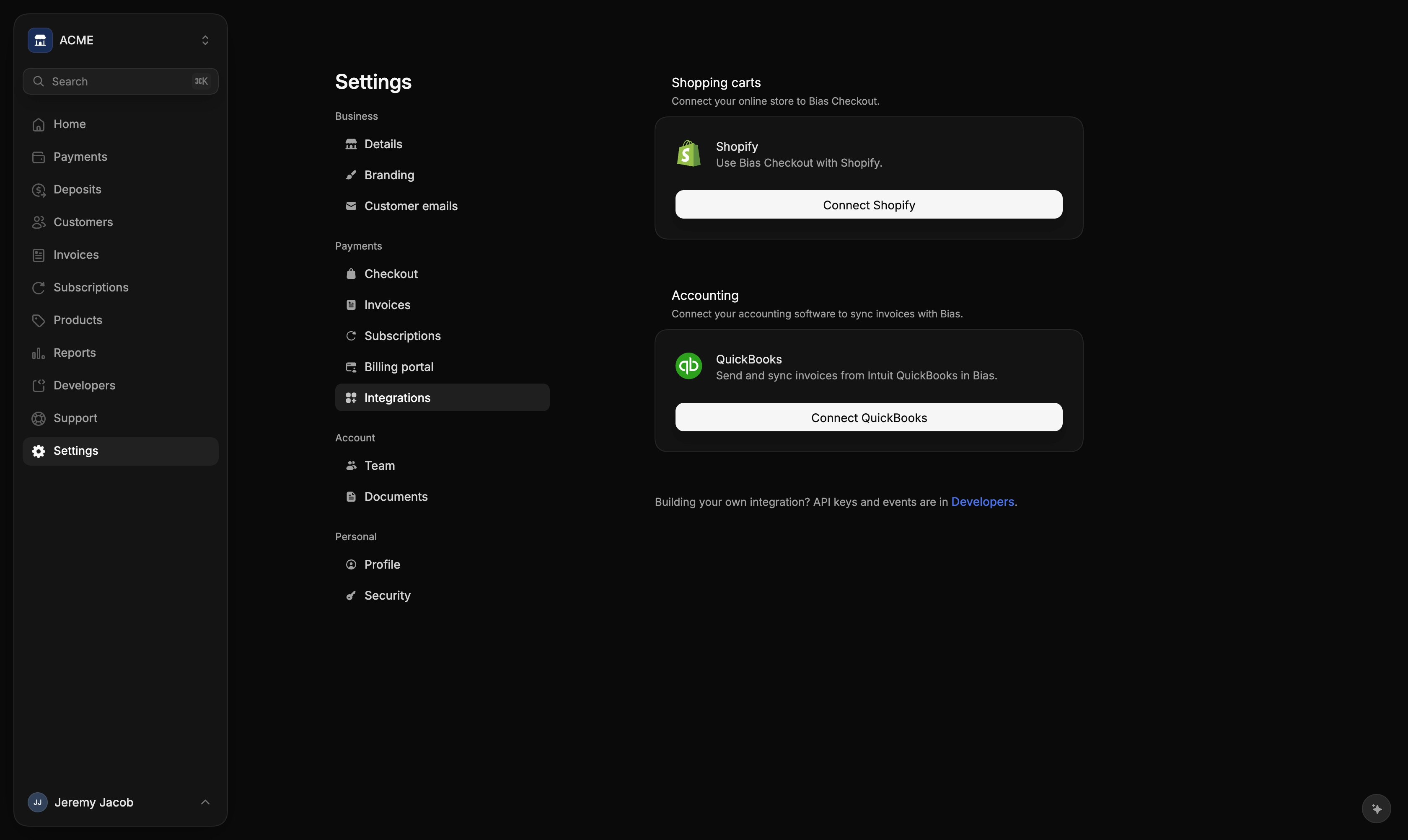 Settings → Integrations with the Connect QuickBooks button under Accounting