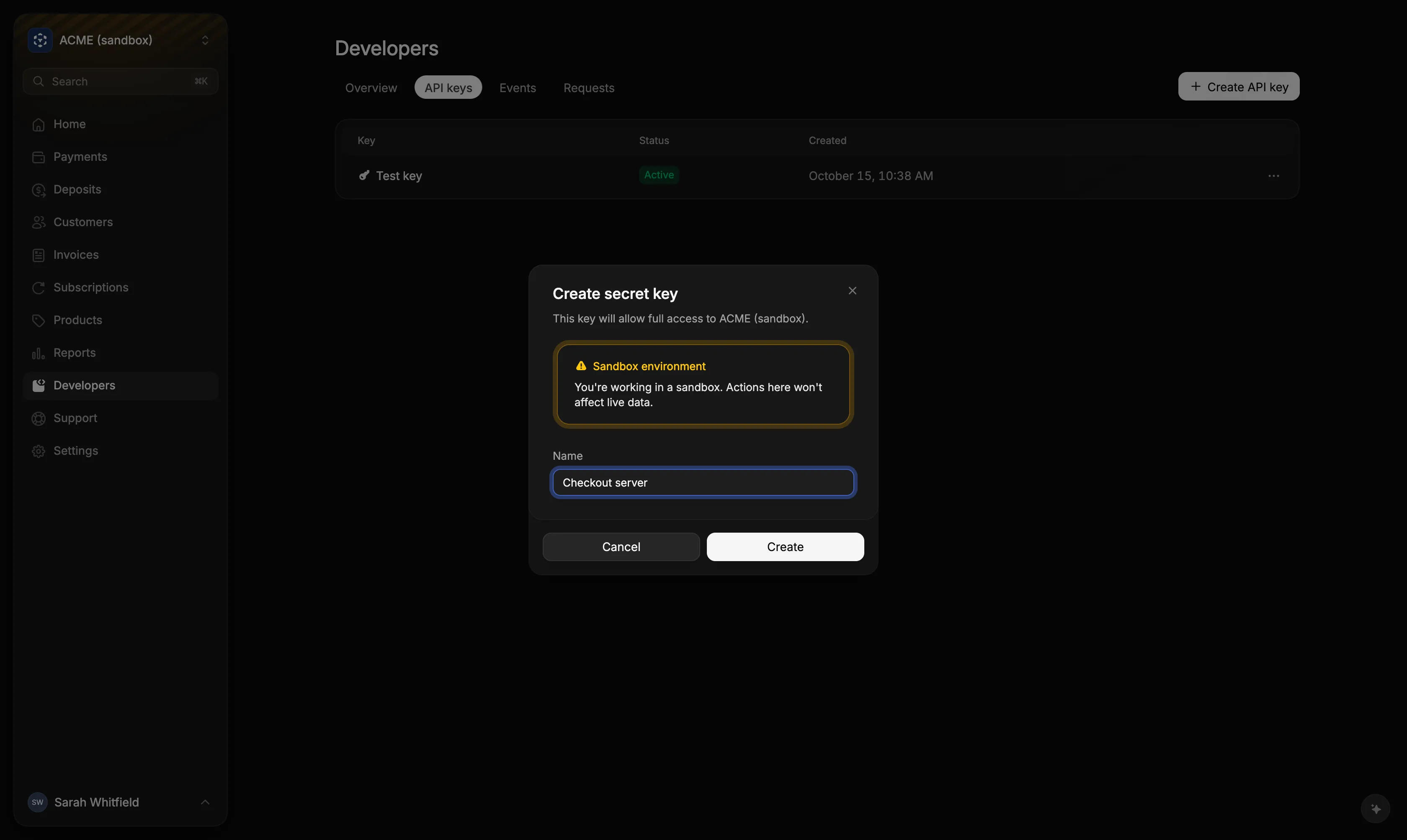 The Create secret key dialog on the Developers API keys page