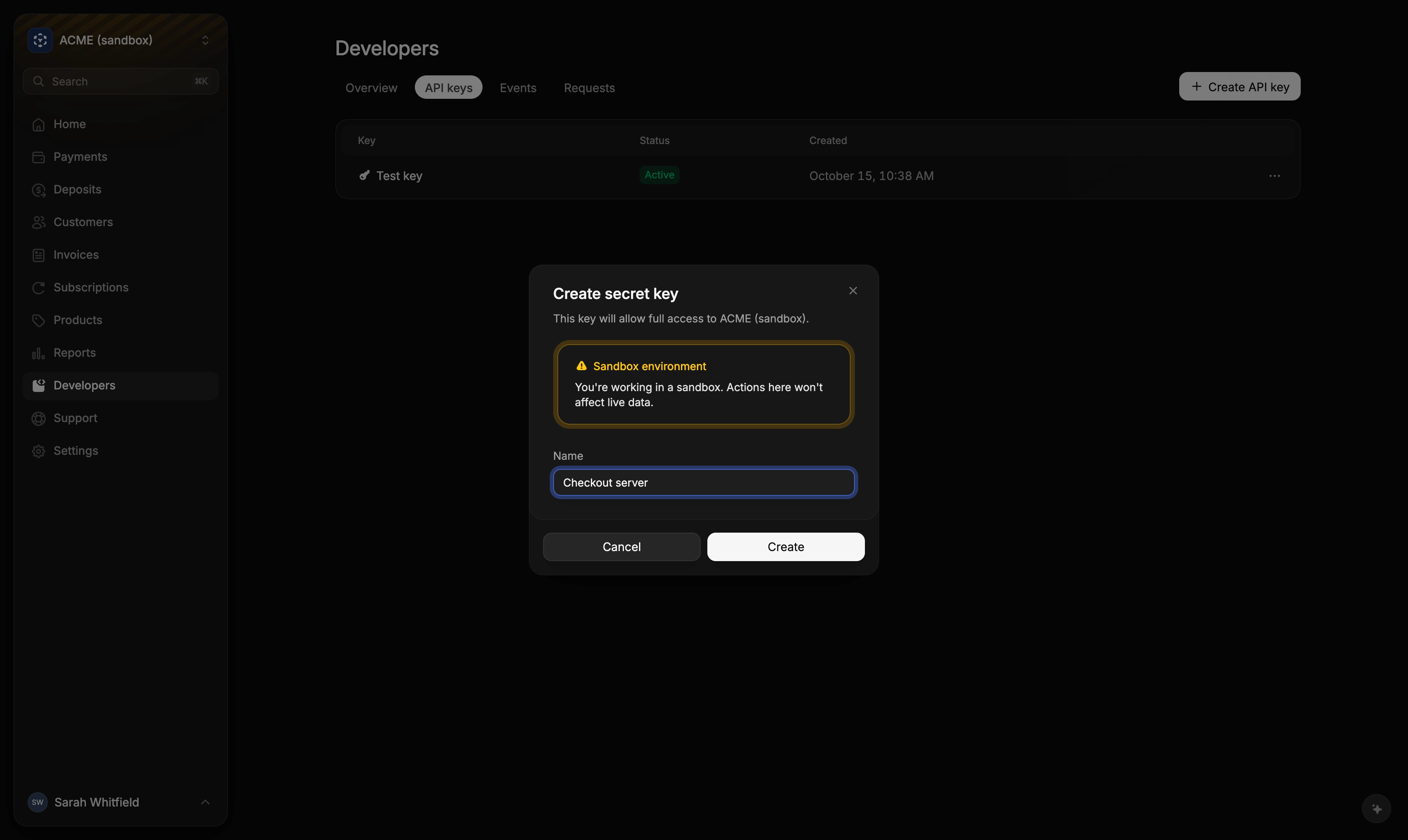 The Create secret key dialog on the Developers API keys page