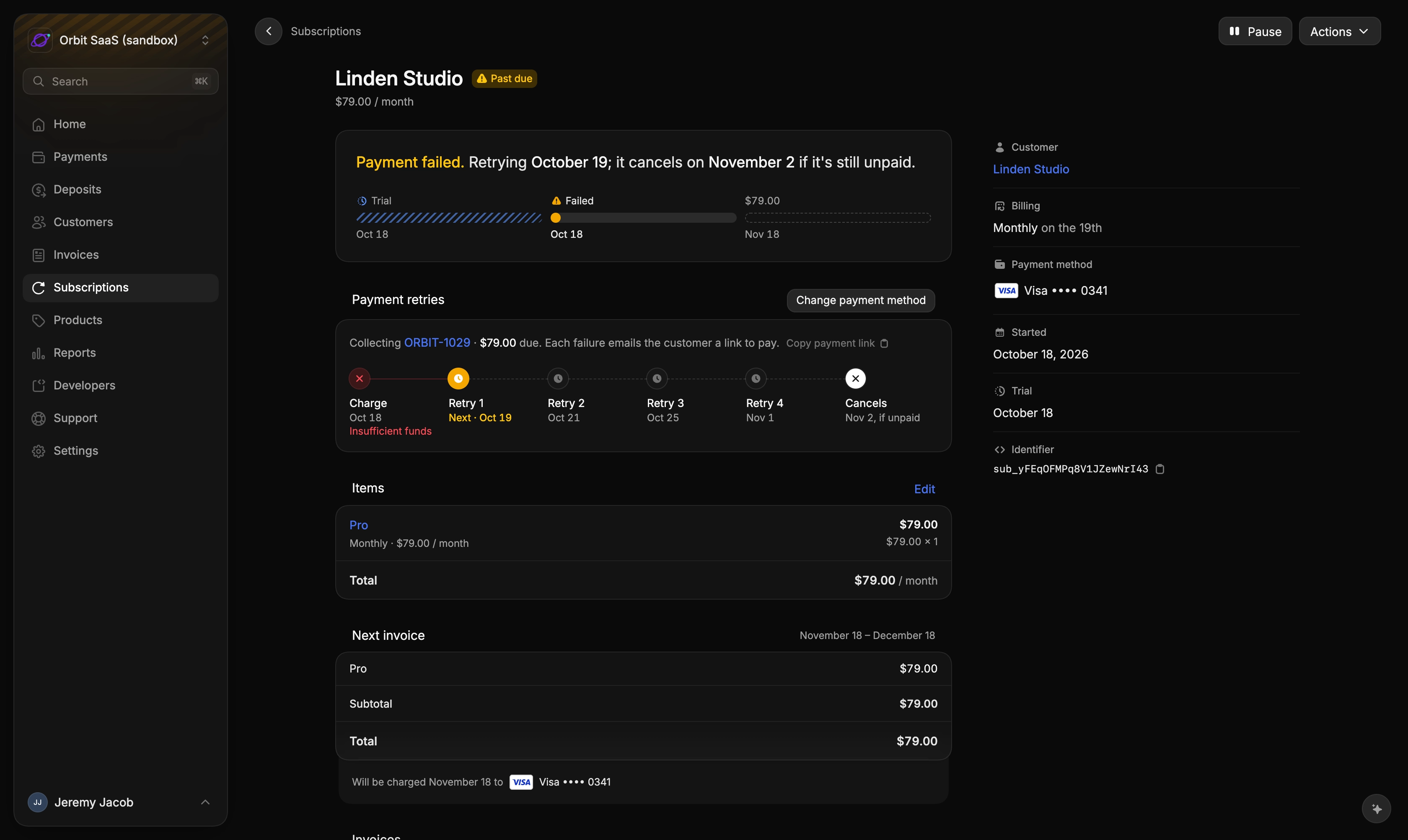 A past-due subscription with its payment retries