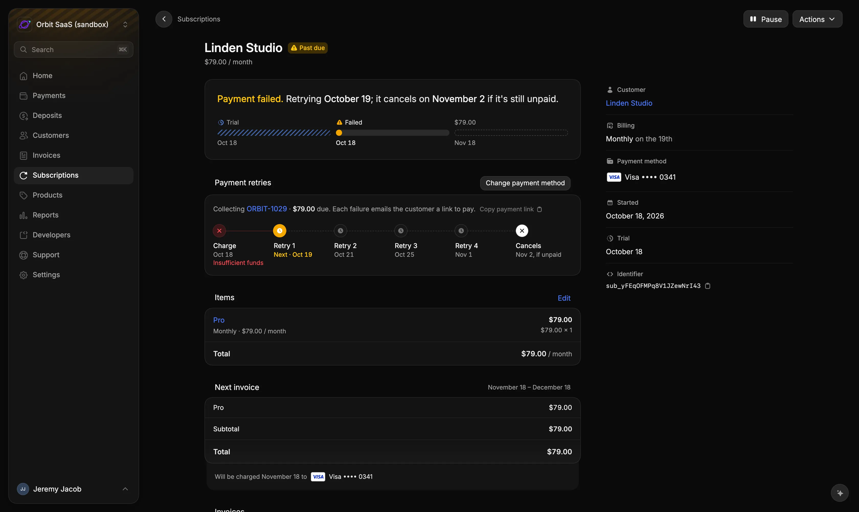 A past-due subscription with its payment retries