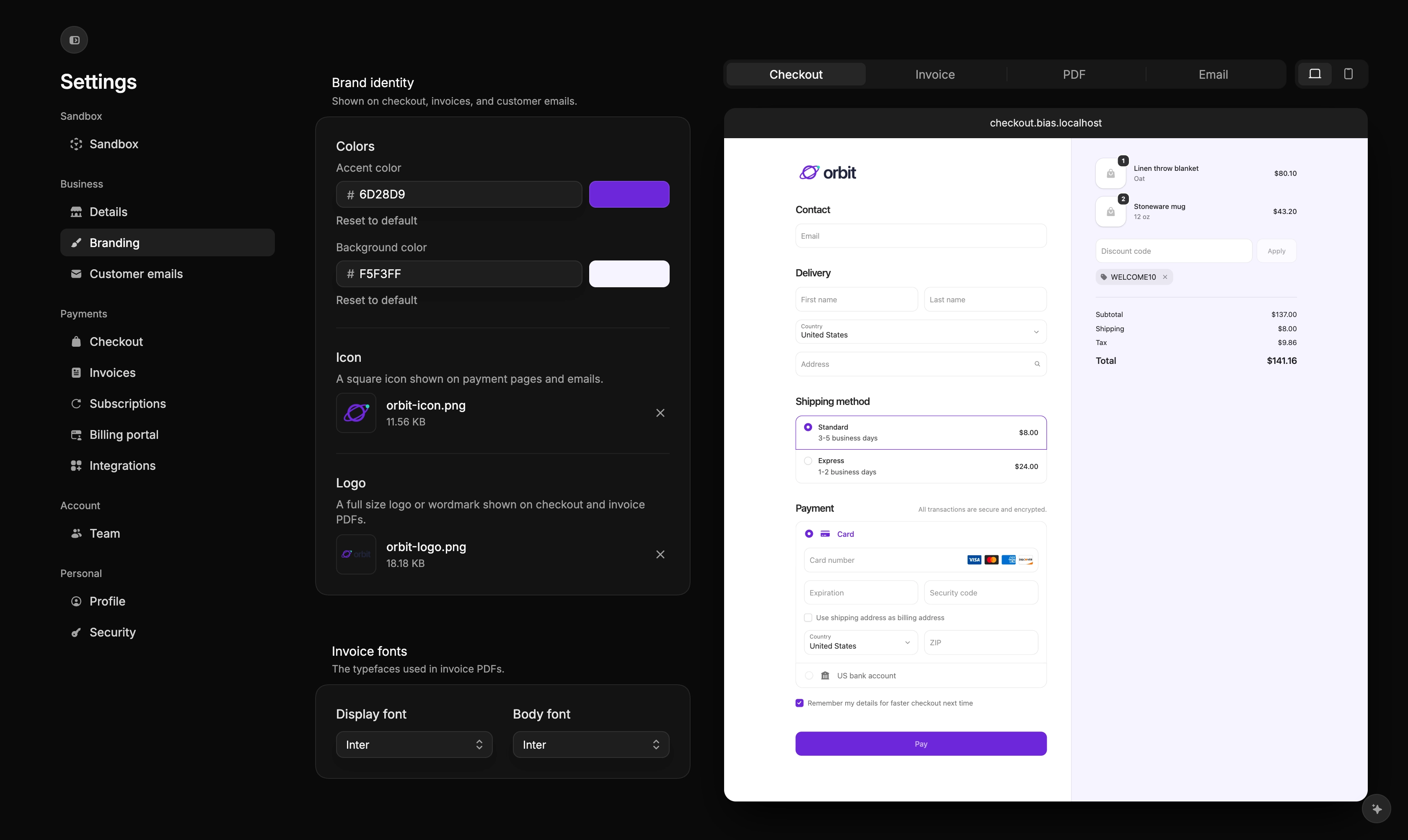 Settings → Branding with a preview of the checkout page