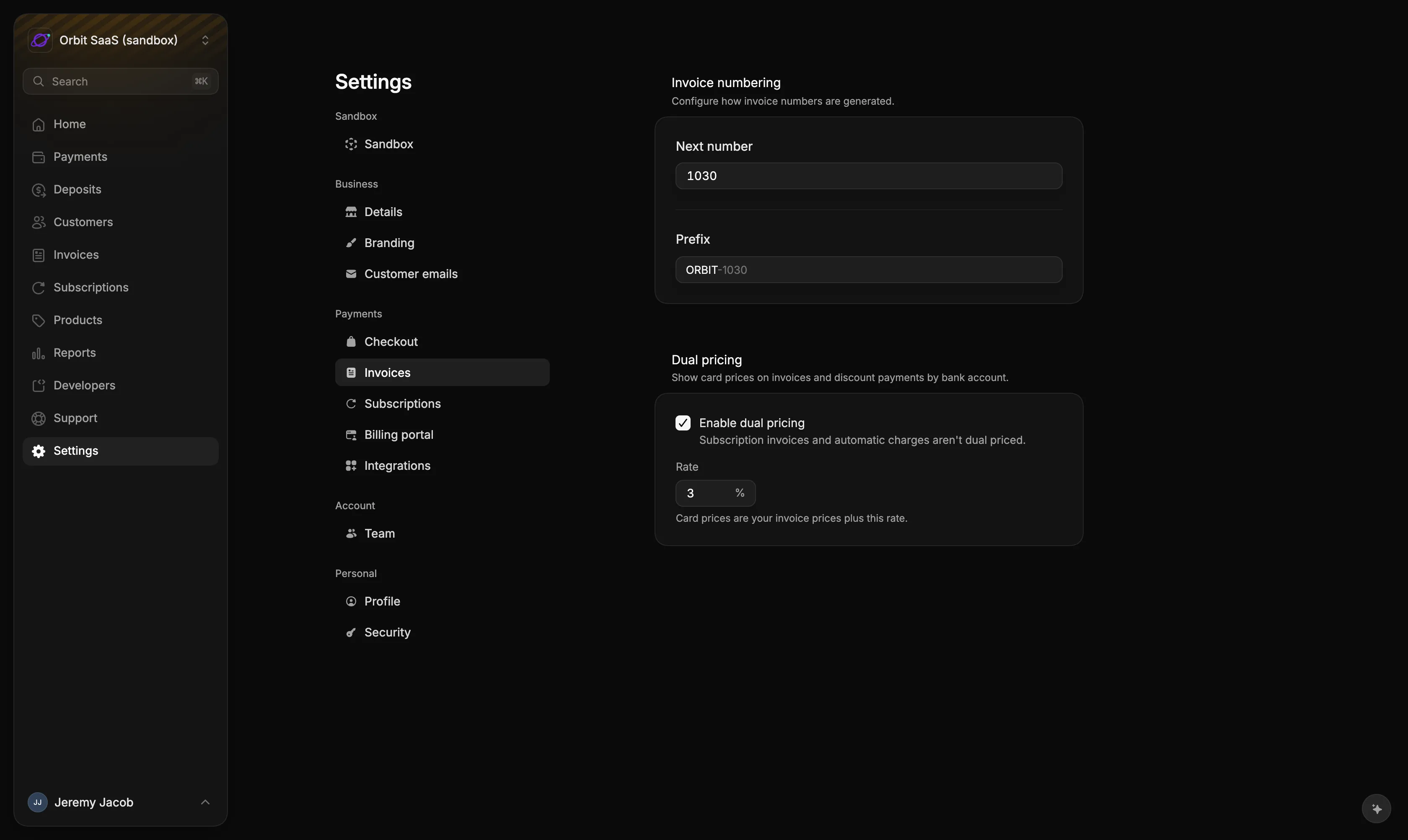 The Dual pricing section in Settings → Invoices with a 3% rate