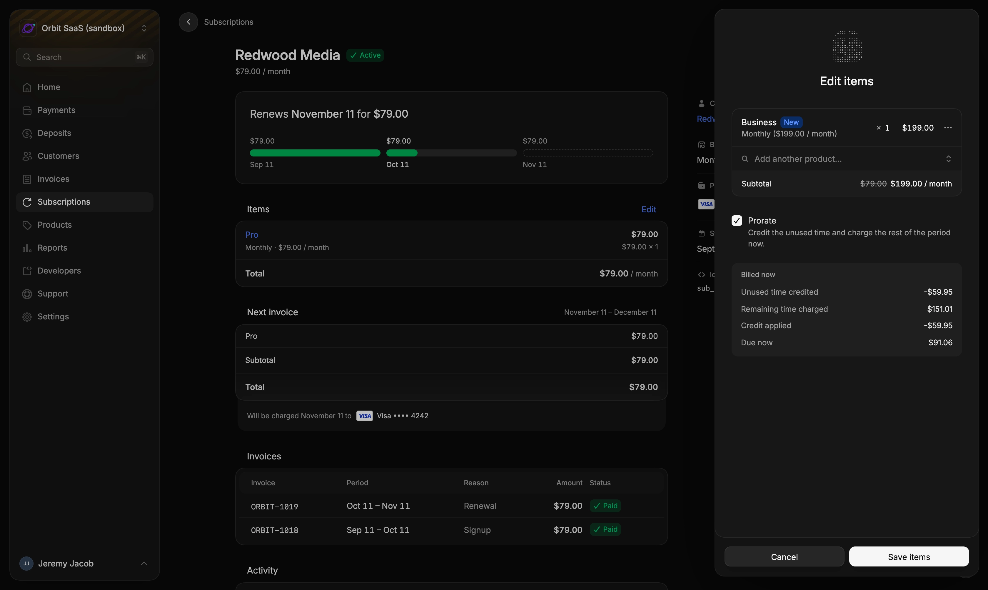 Editing a subscription's items from Pro to Business, with the prorated amount billed now