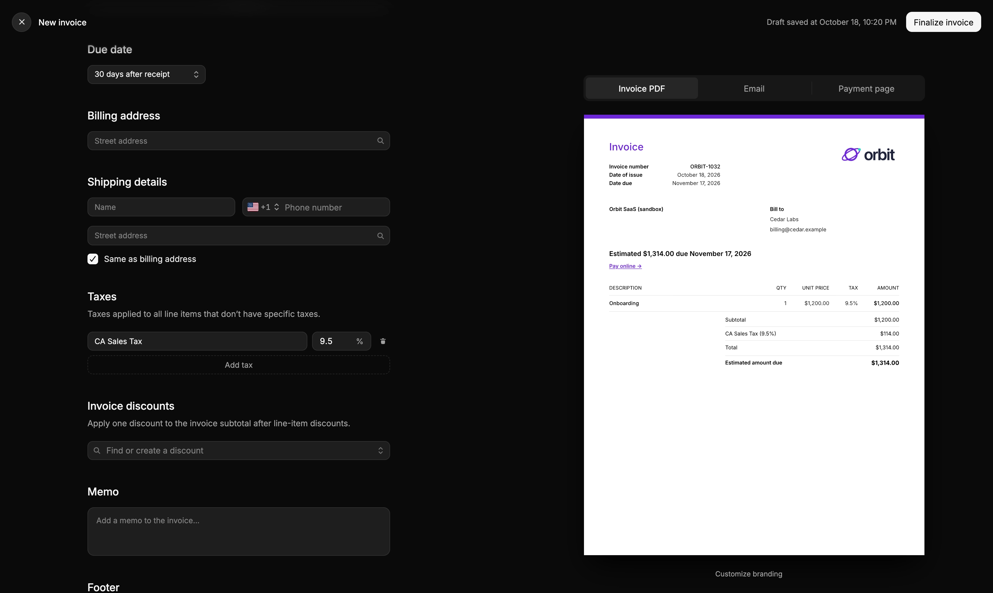 A 9.5% CA Sales Tax on an invoice, with the tax line in the invoice preview