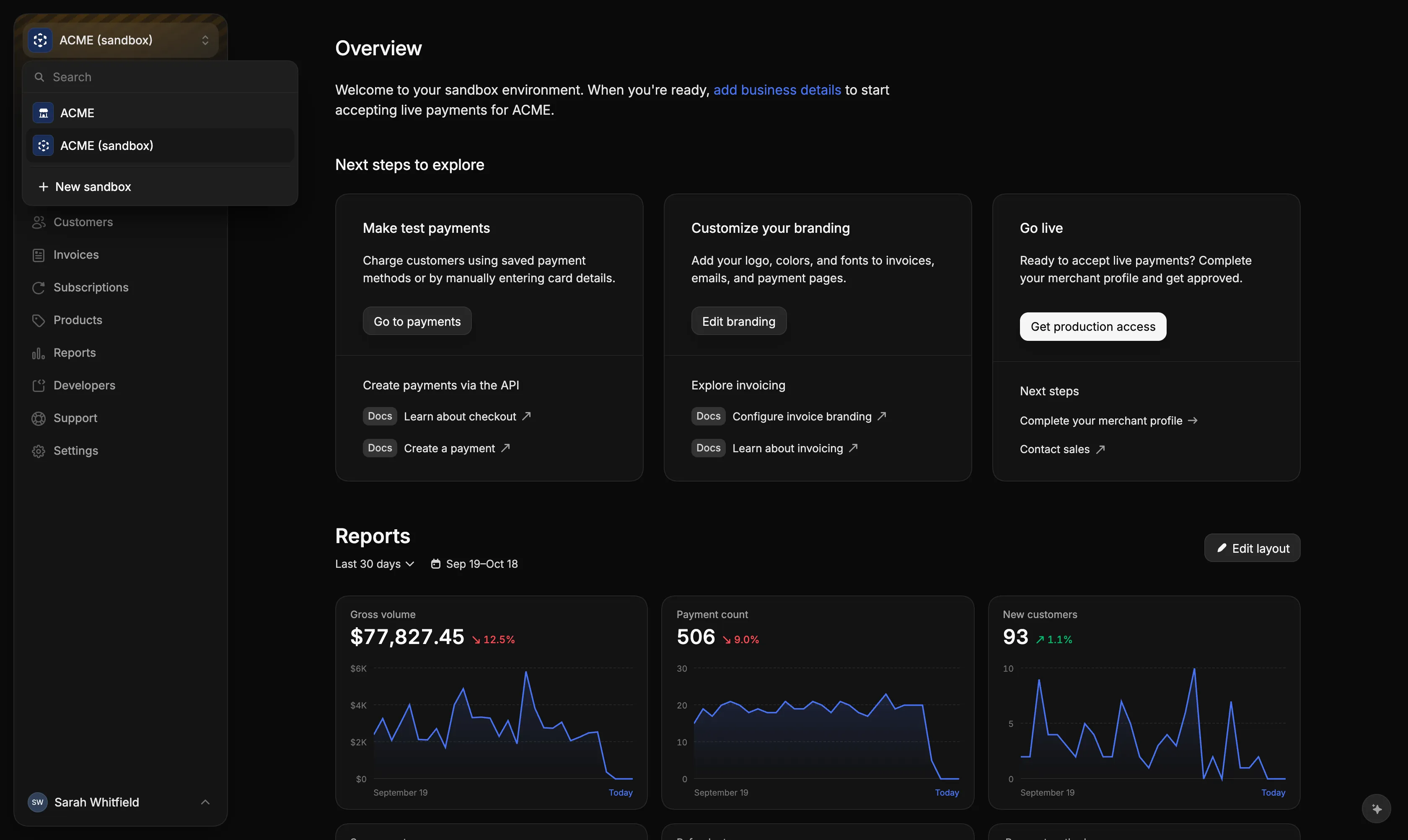 The environment selector listing a live account and its sandbox