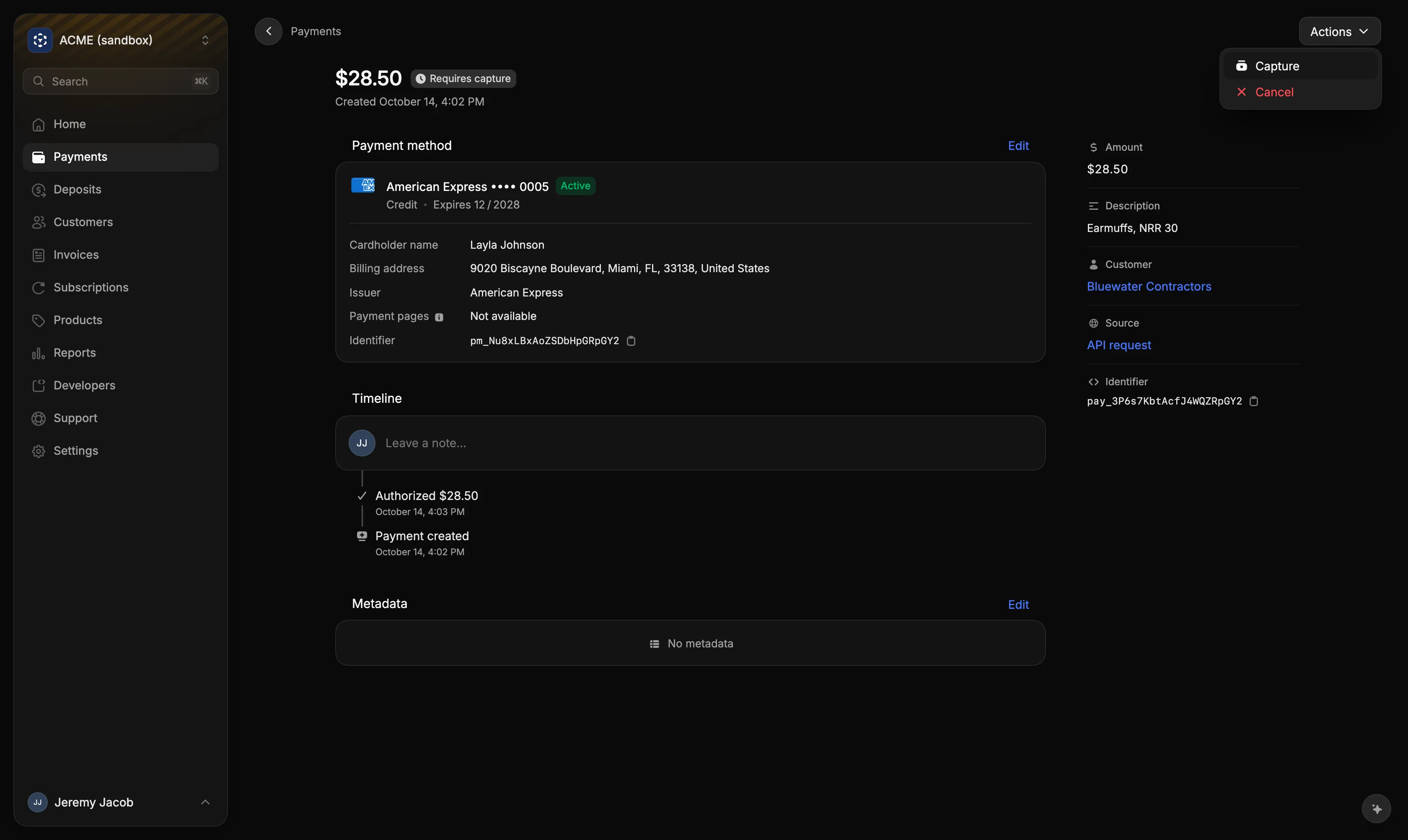 A payment that requires capture, with Capture and Cancel in its Actions menu