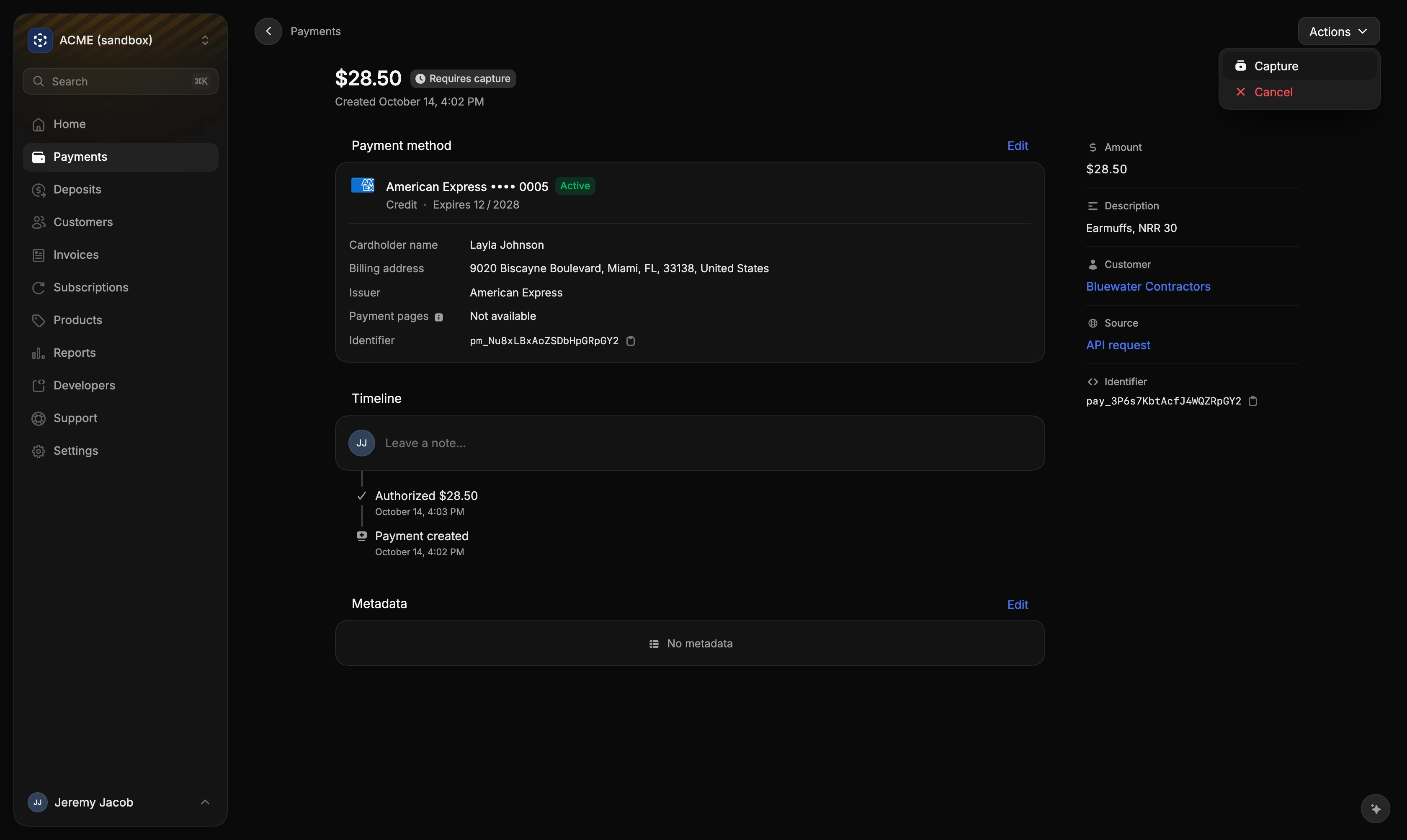 A payment that requires capture, with Capture and Cancel in its Actions menu