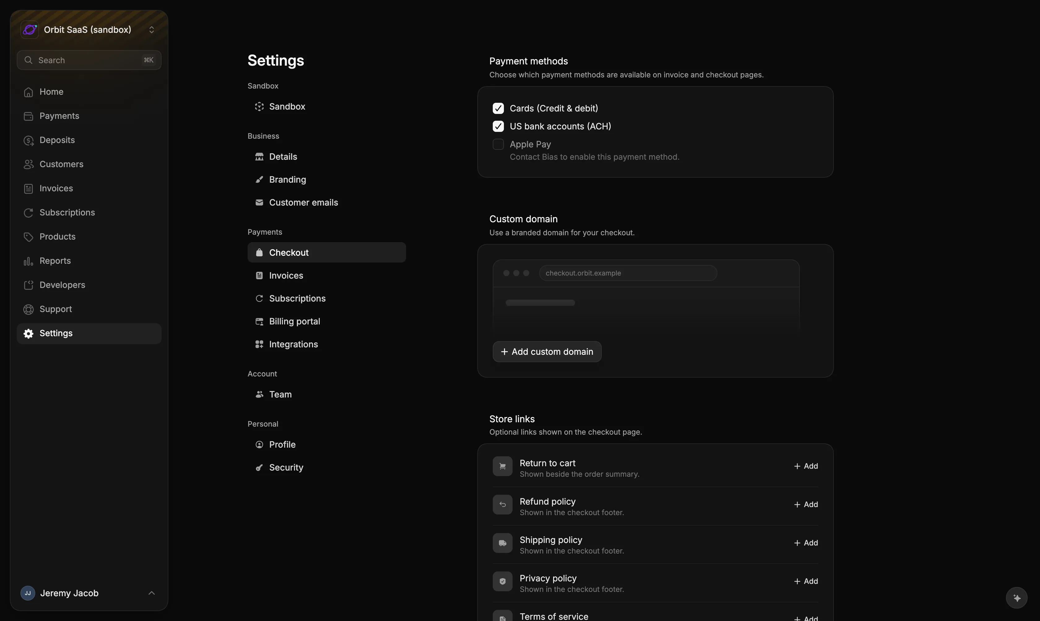 The Custom domain card in Settings → Checkout