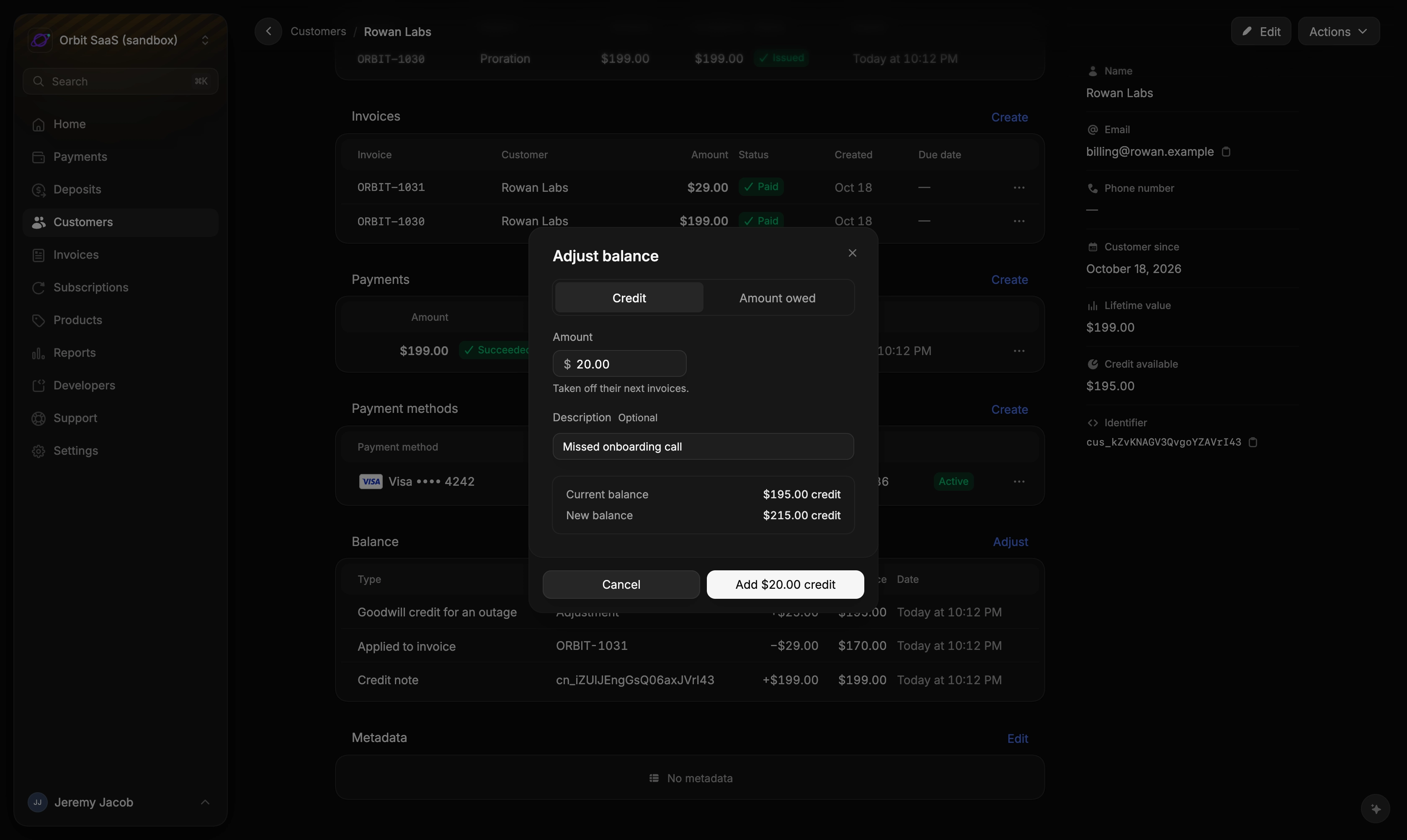 Adding $20.00 of credit to a customer's balance