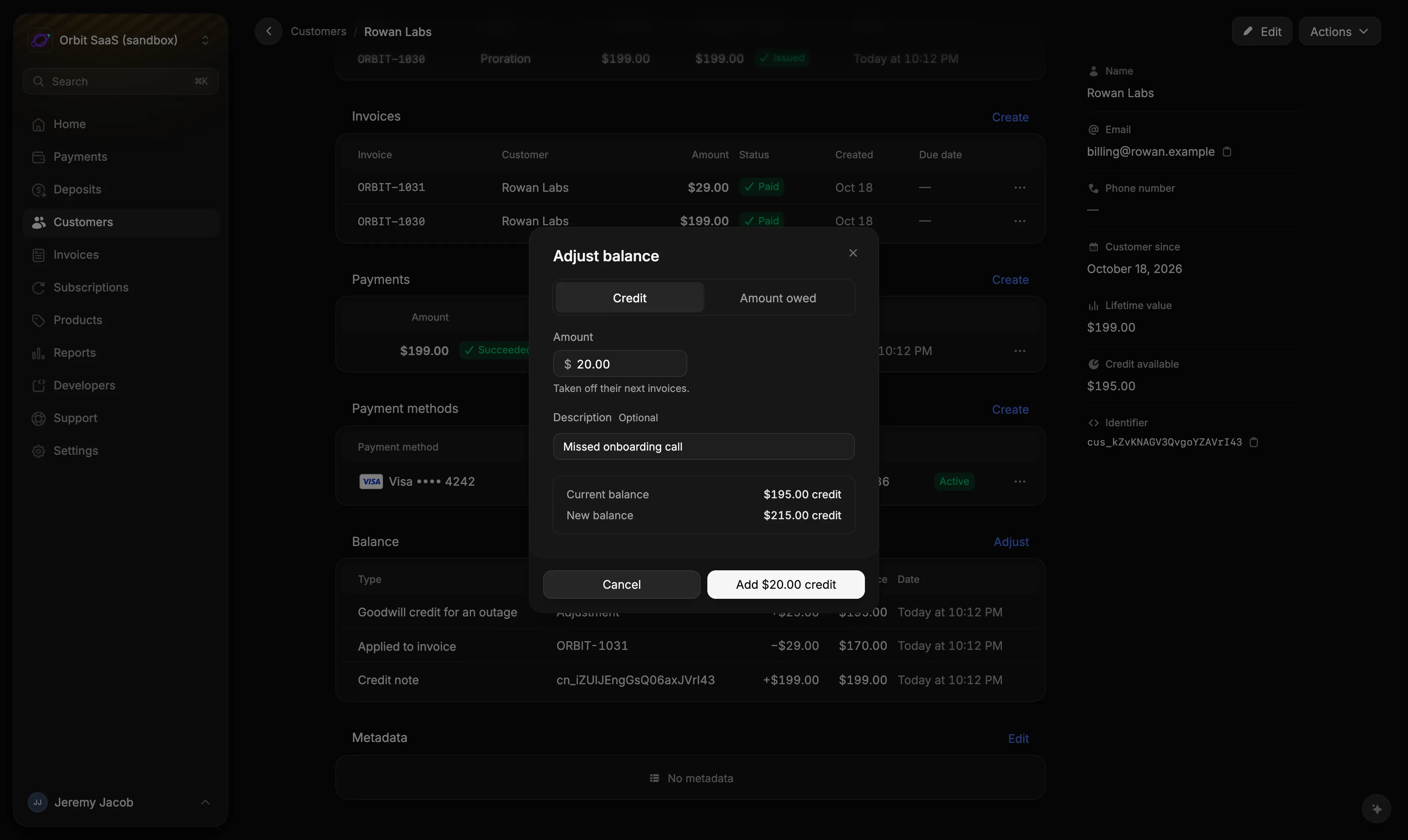 Adding $20.00 of credit to a customer's balance