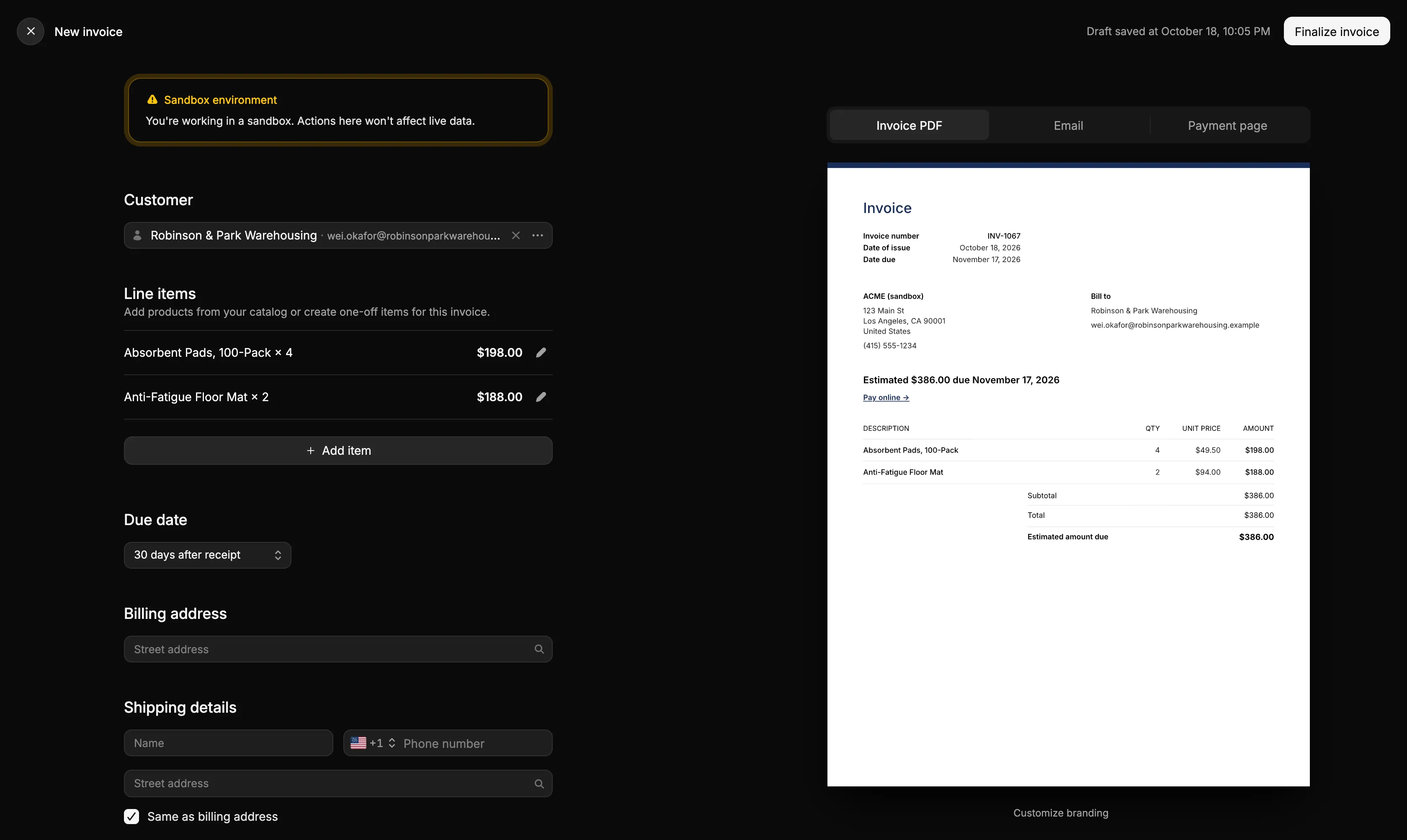 The new invoice editor with a live preview