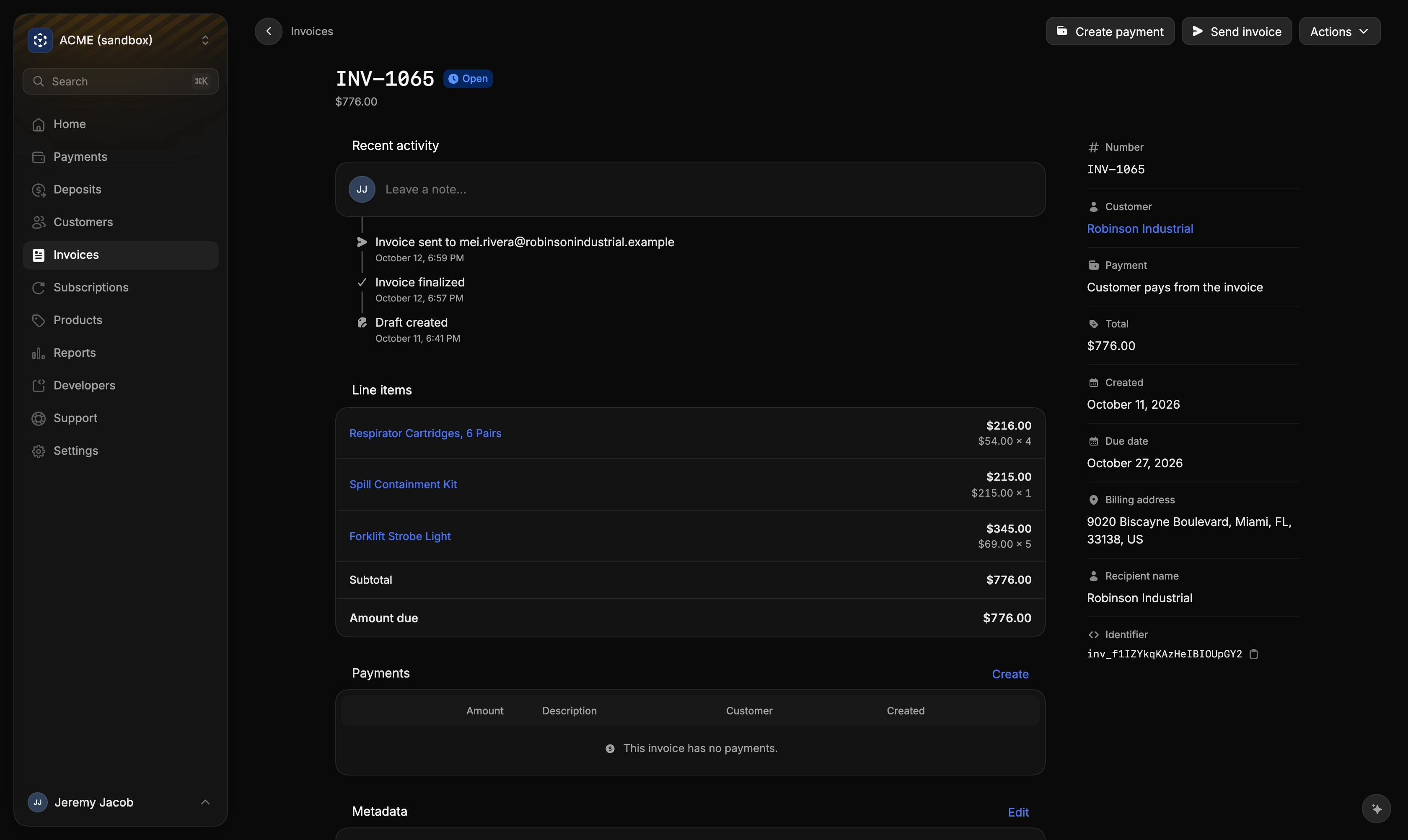 An invoice detail page showing activity, line items, and details