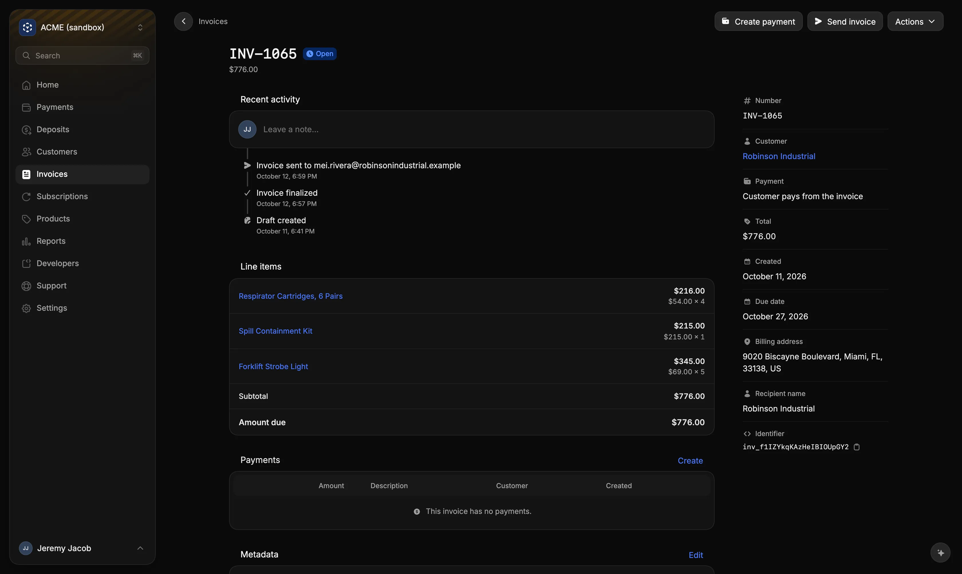 An invoice detail page showing activity, line items, and details