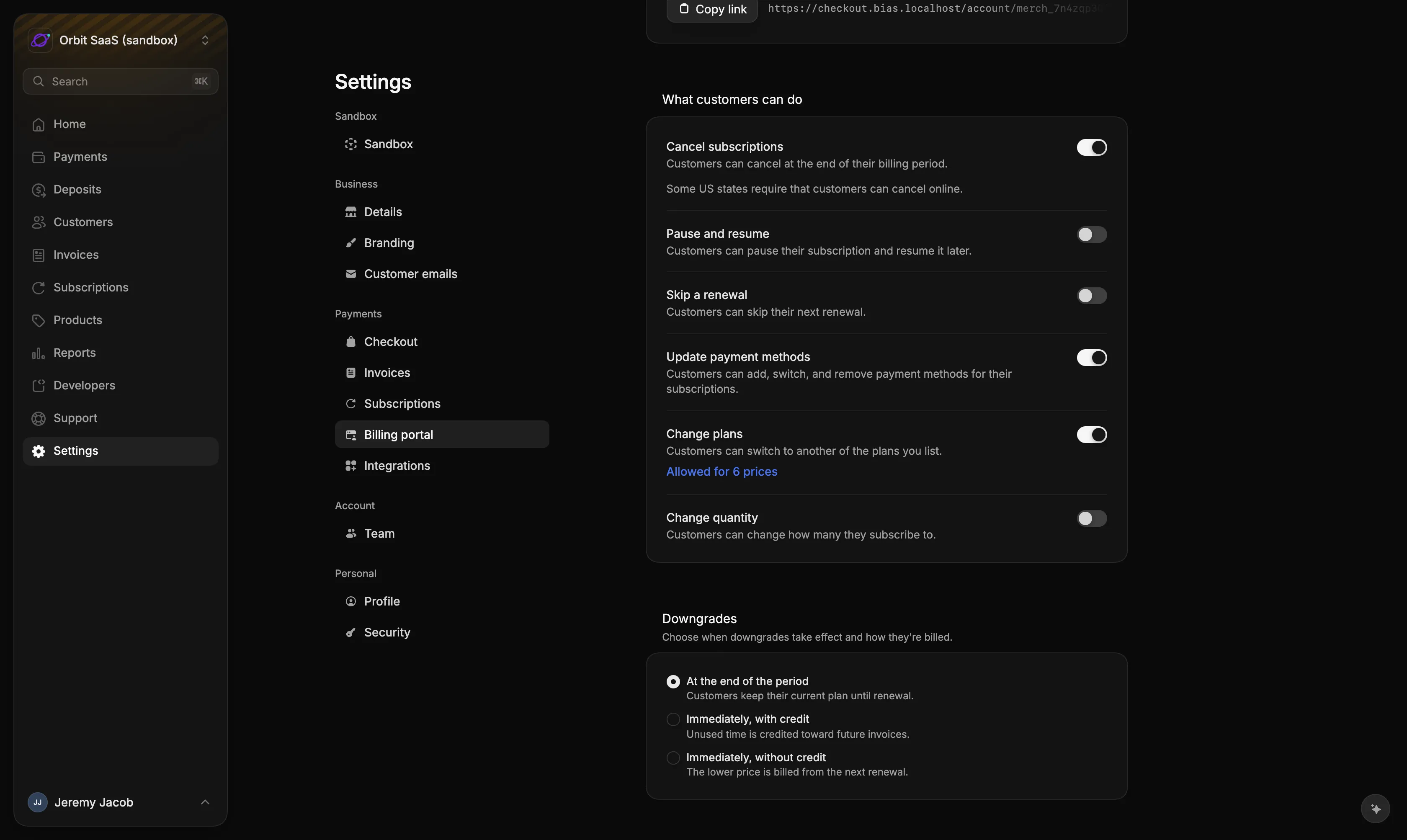 The billing portal settings, with a switch for each action customers can take