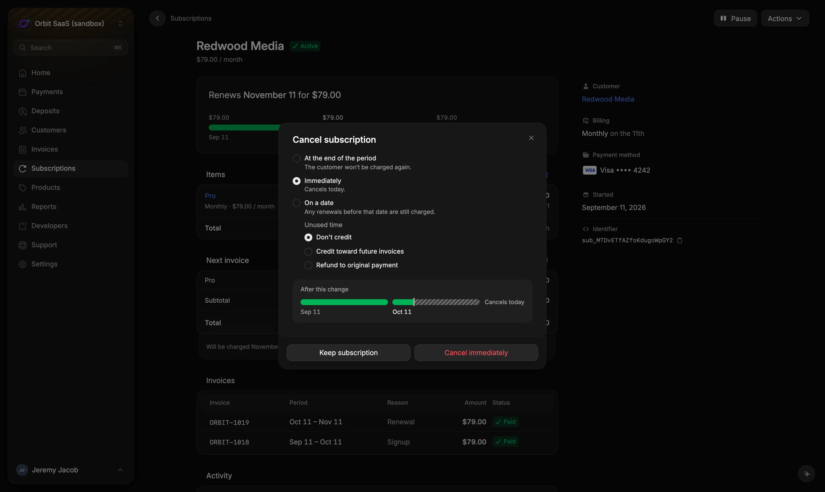 Canceling a subscription immediately, with the options for its unused time