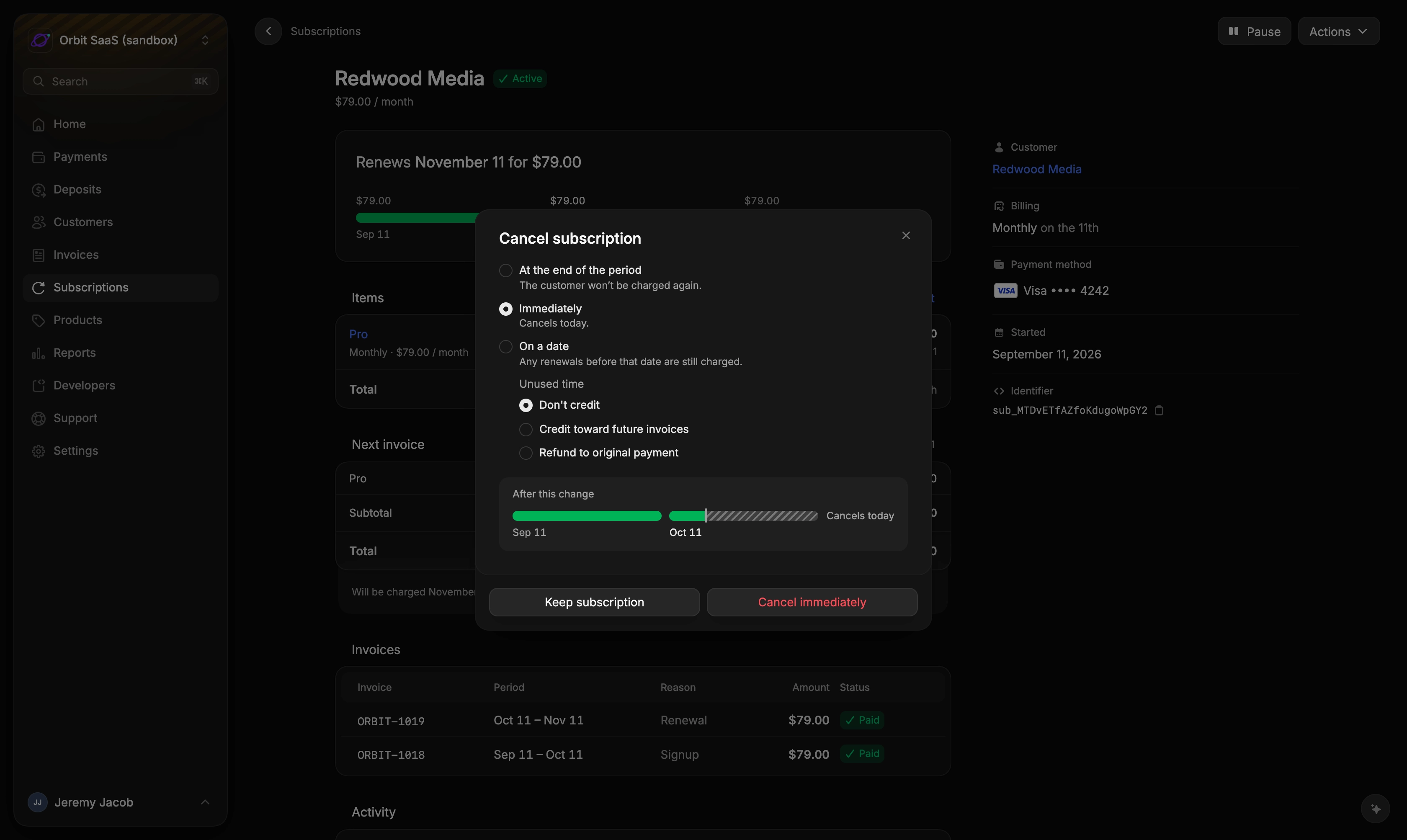 Canceling a subscription immediately, with the options for its unused time