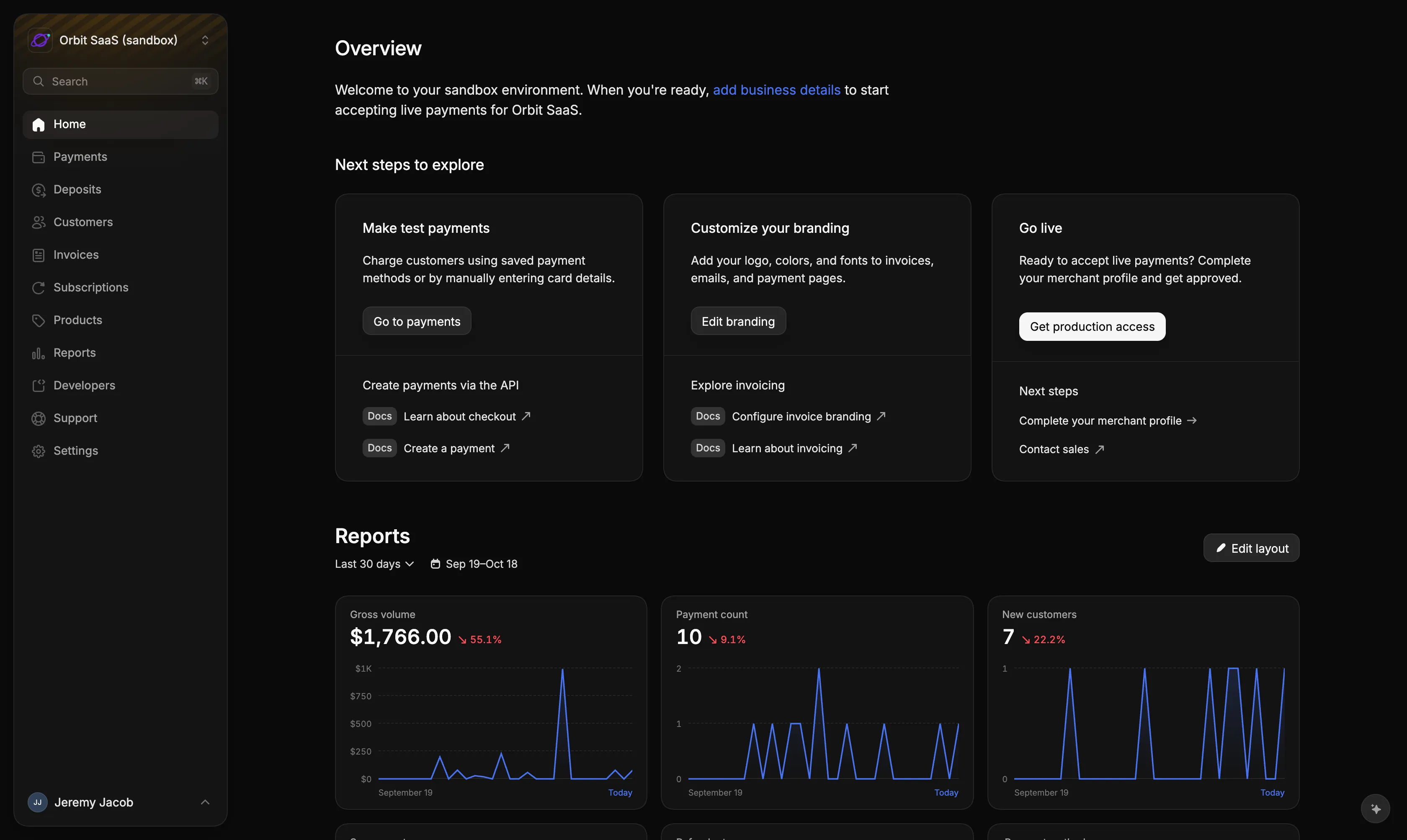 The Go live card on Home in a sandbox