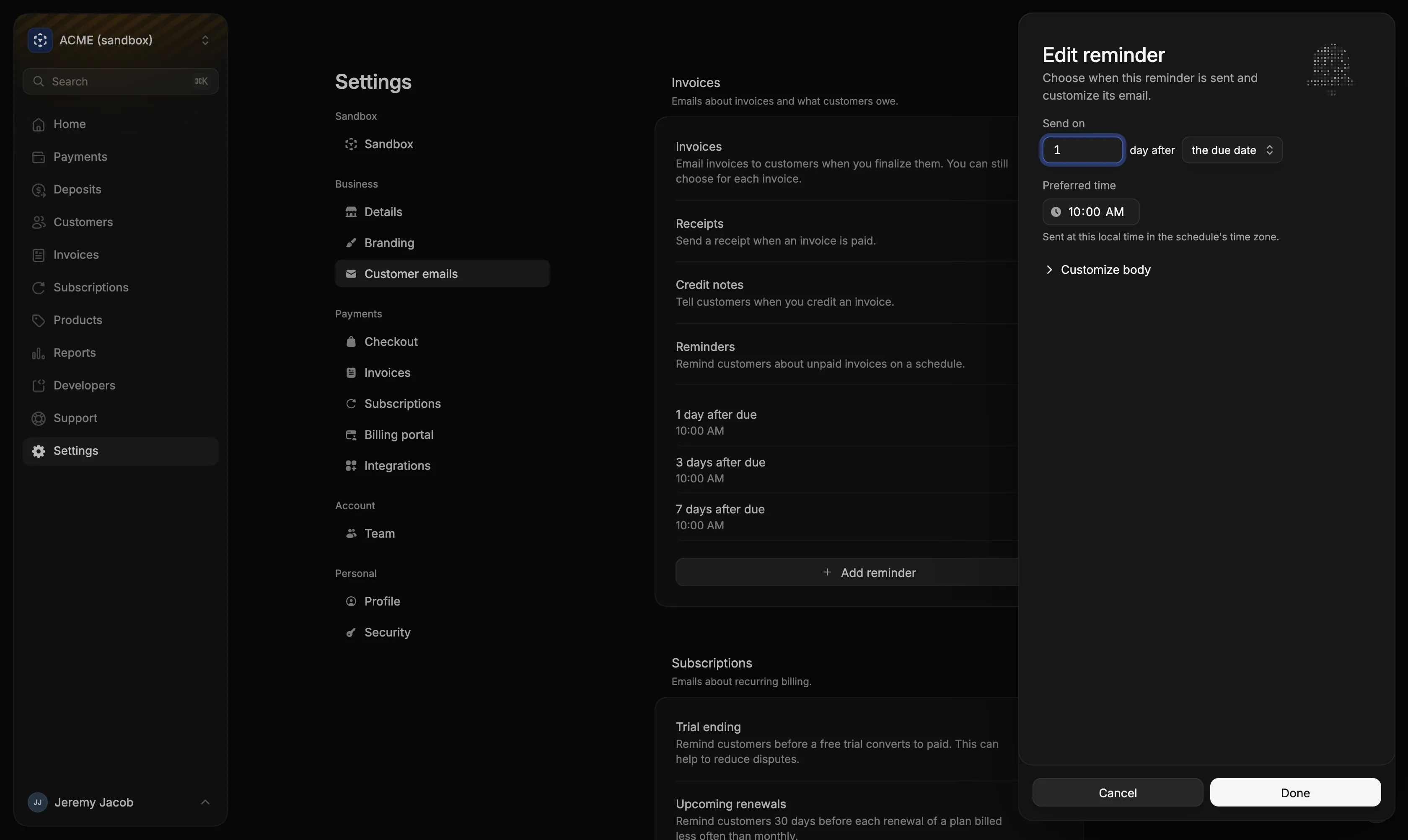 Settings → Customer emails with Reminders on and the Edit reminder sheet open