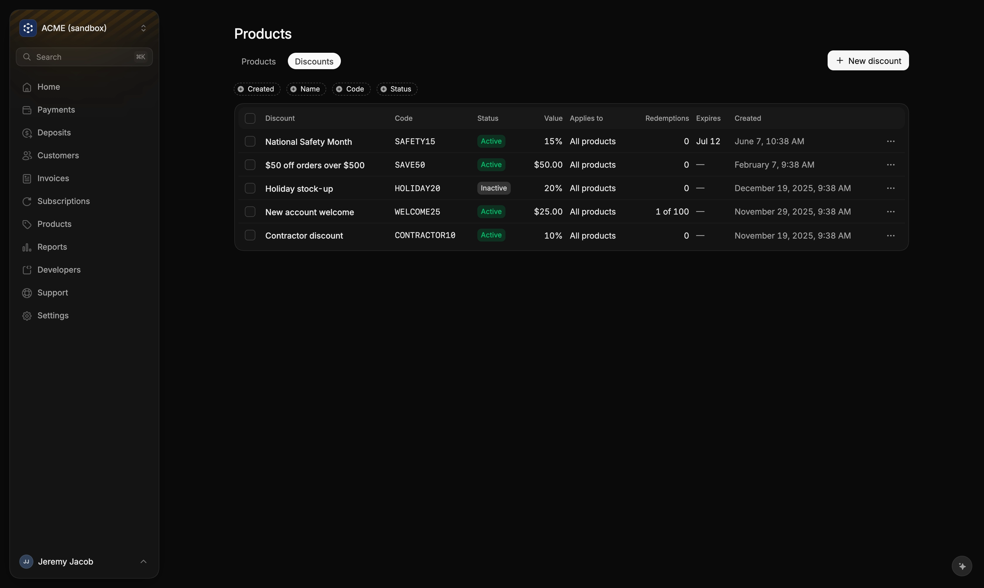 The Discounts tab, with each discount's code, status, value and redemptions