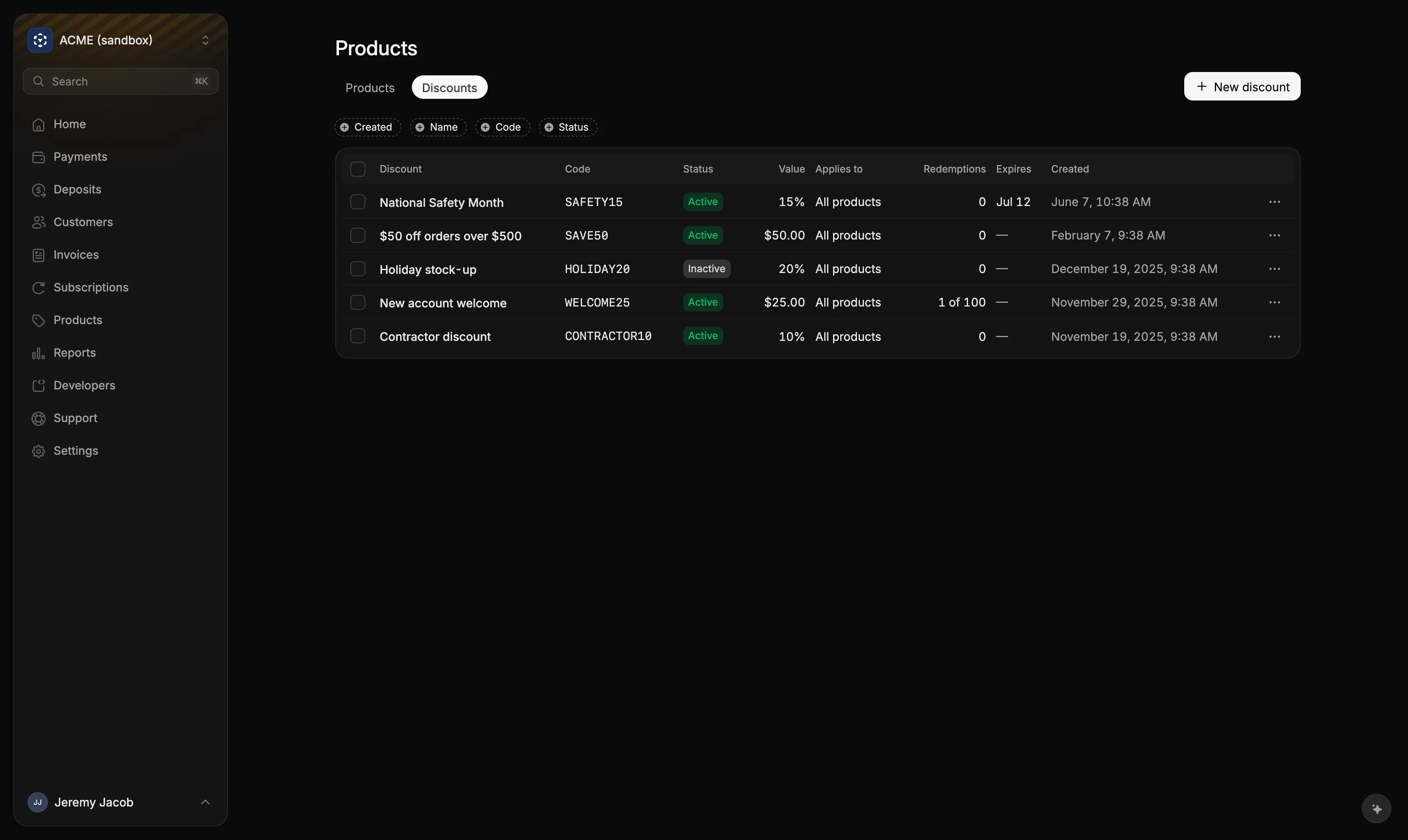 The Discounts tab, with each discount's code, status, value and redemptions
