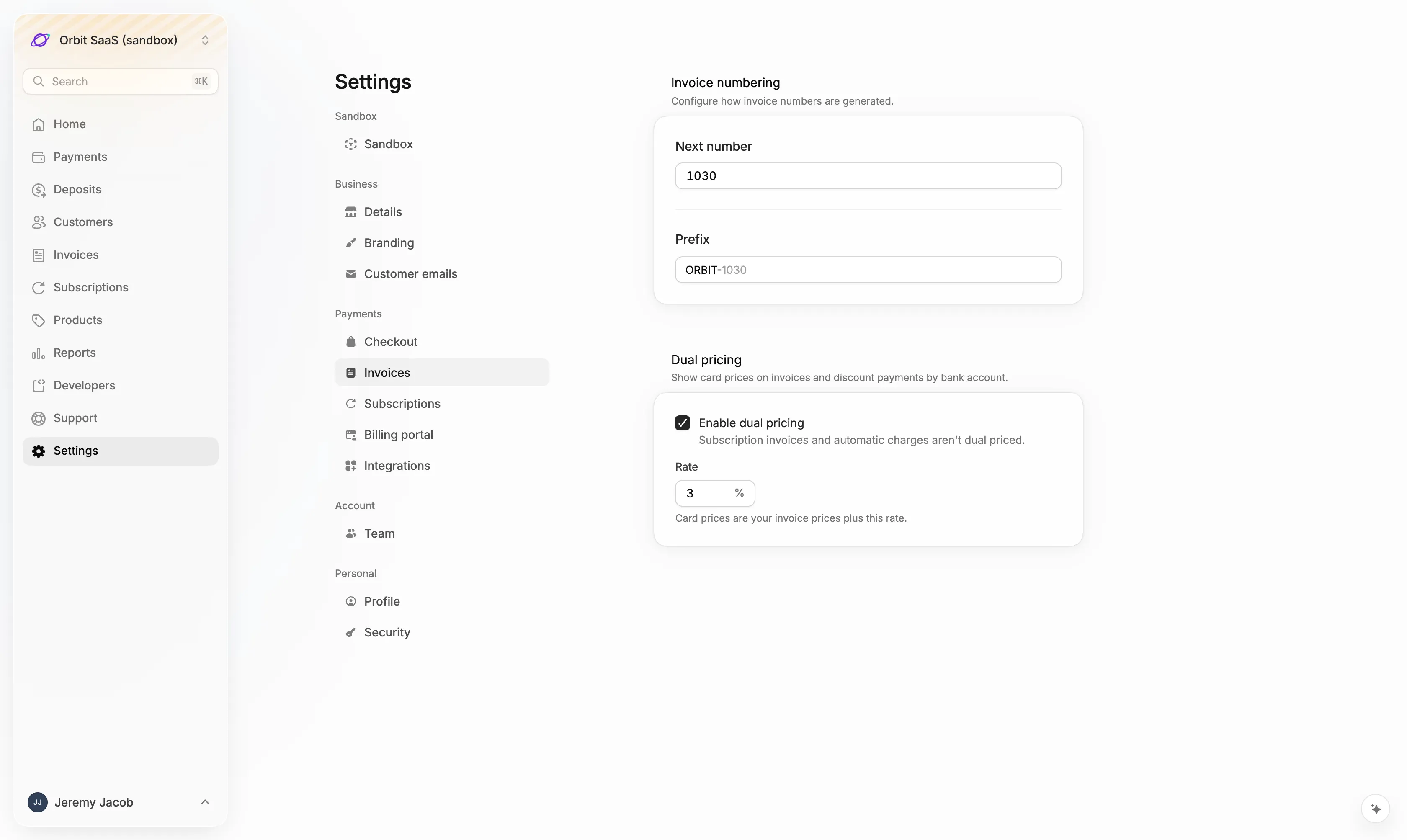 The Dual pricing section in Settings → Invoices with a 3% rate