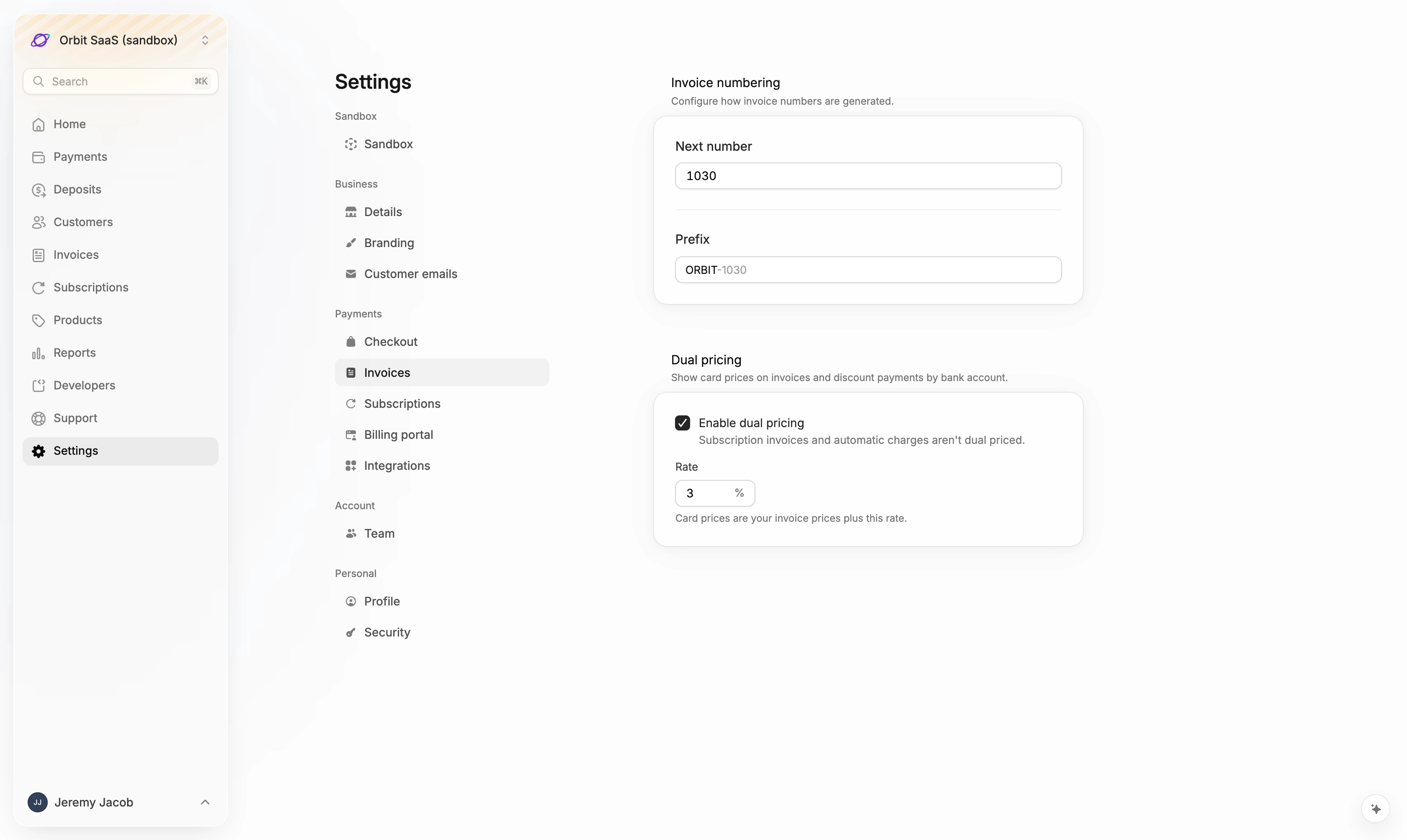 The Dual pricing section in Settings → Invoices with a 3% rate