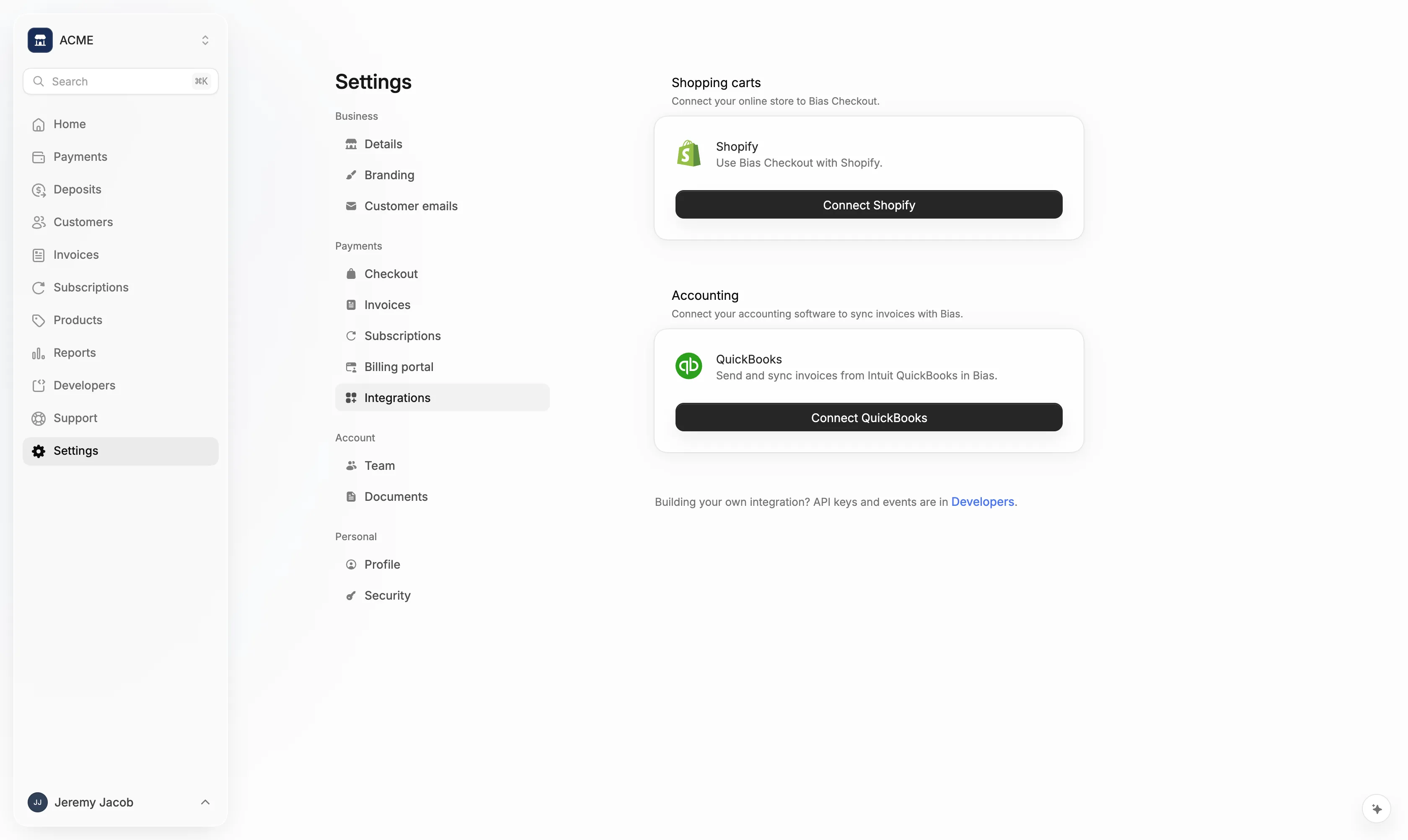 Settings → Integrations with the Connect QuickBooks button under Accounting