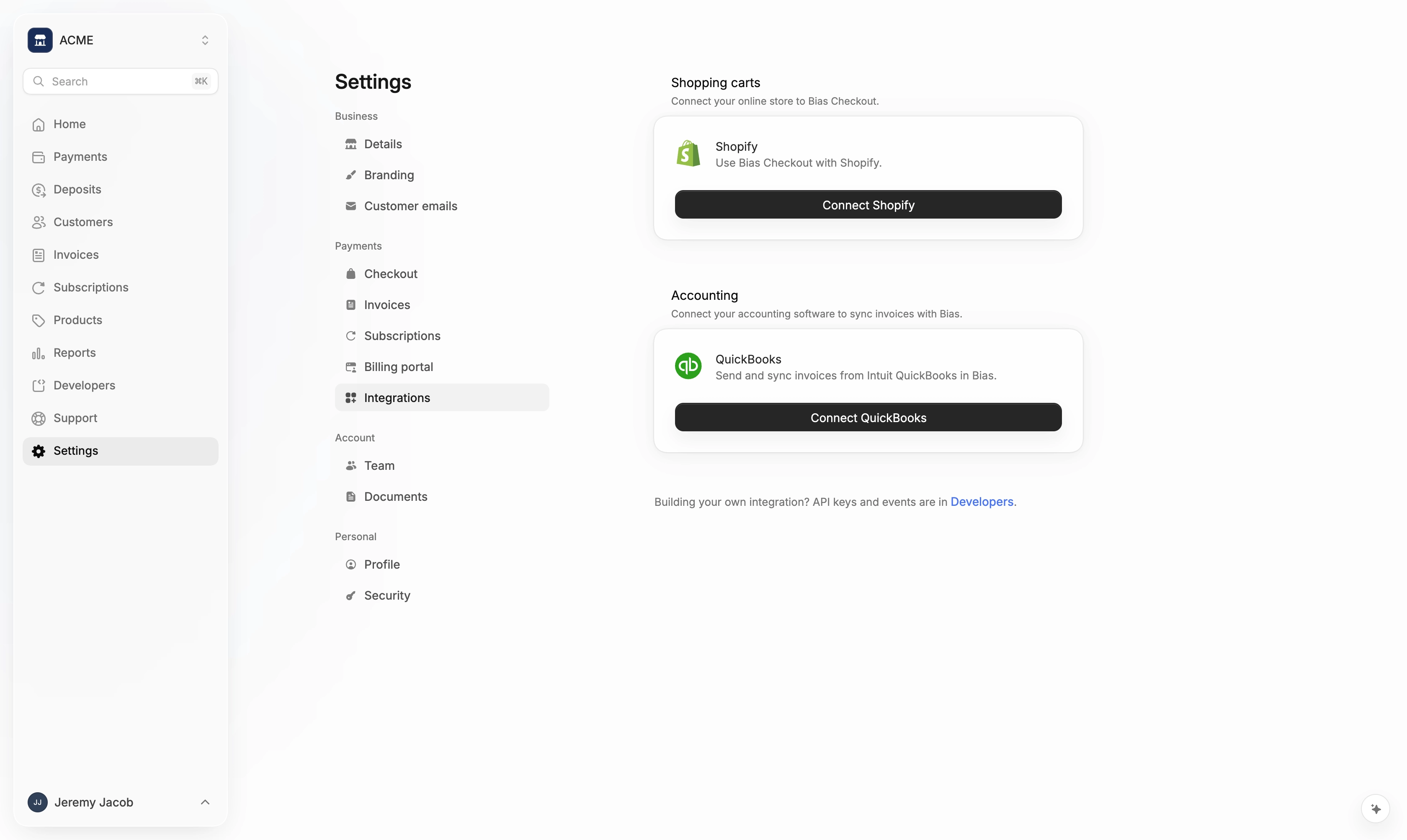 Settings → Integrations with the Connect QuickBooks button under Accounting