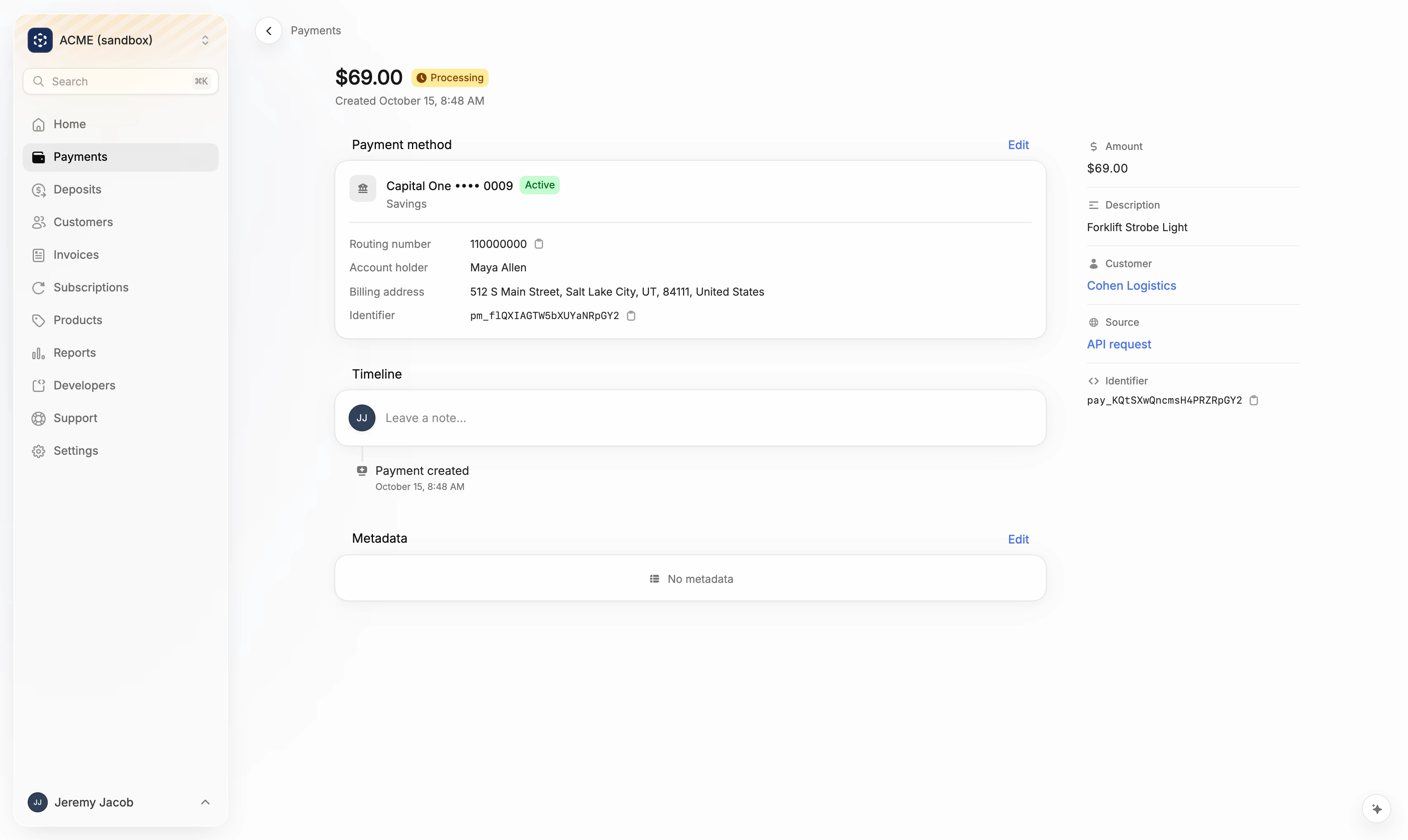 A bank account payment in the Processing state