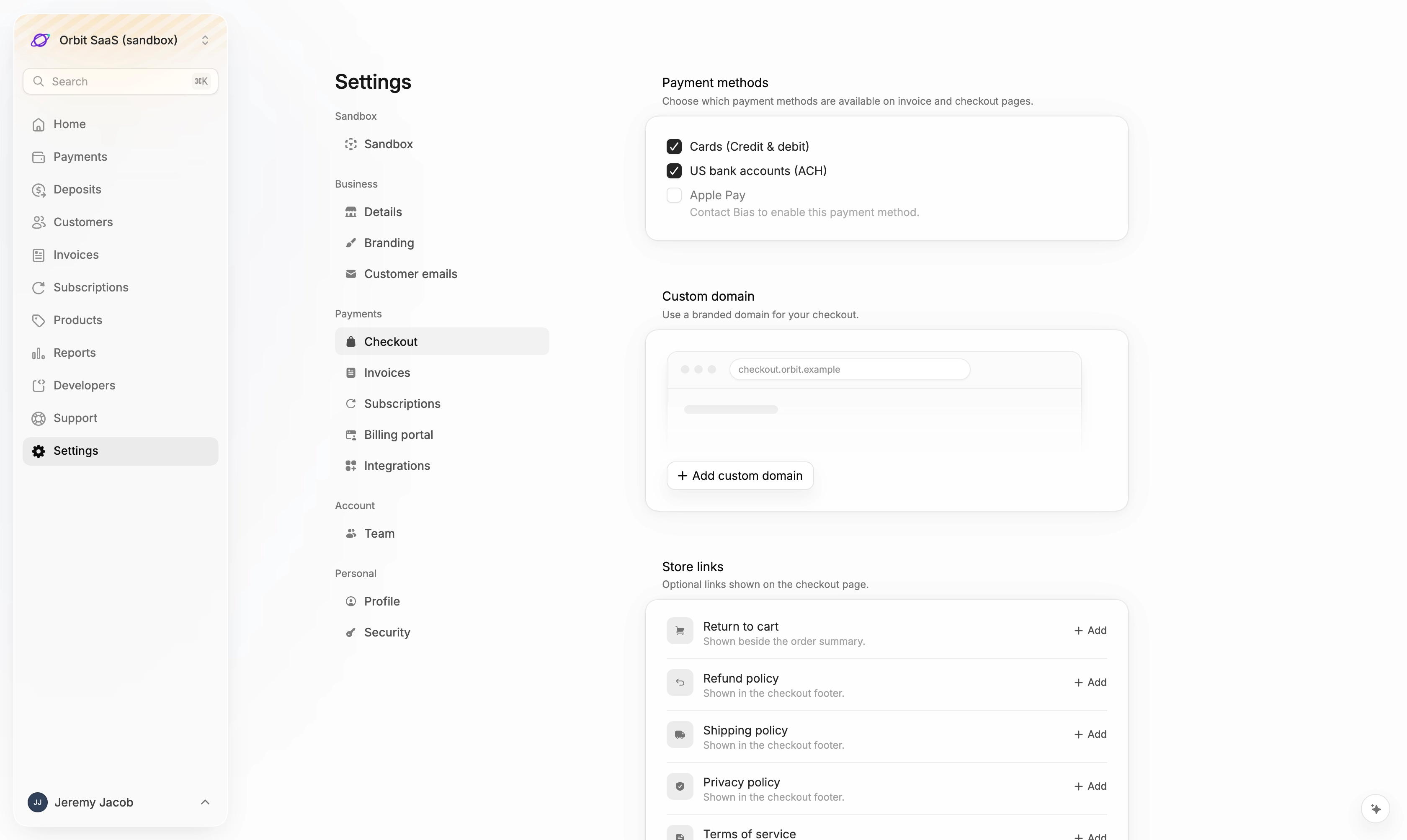 The Custom domain card in Settings → Checkout