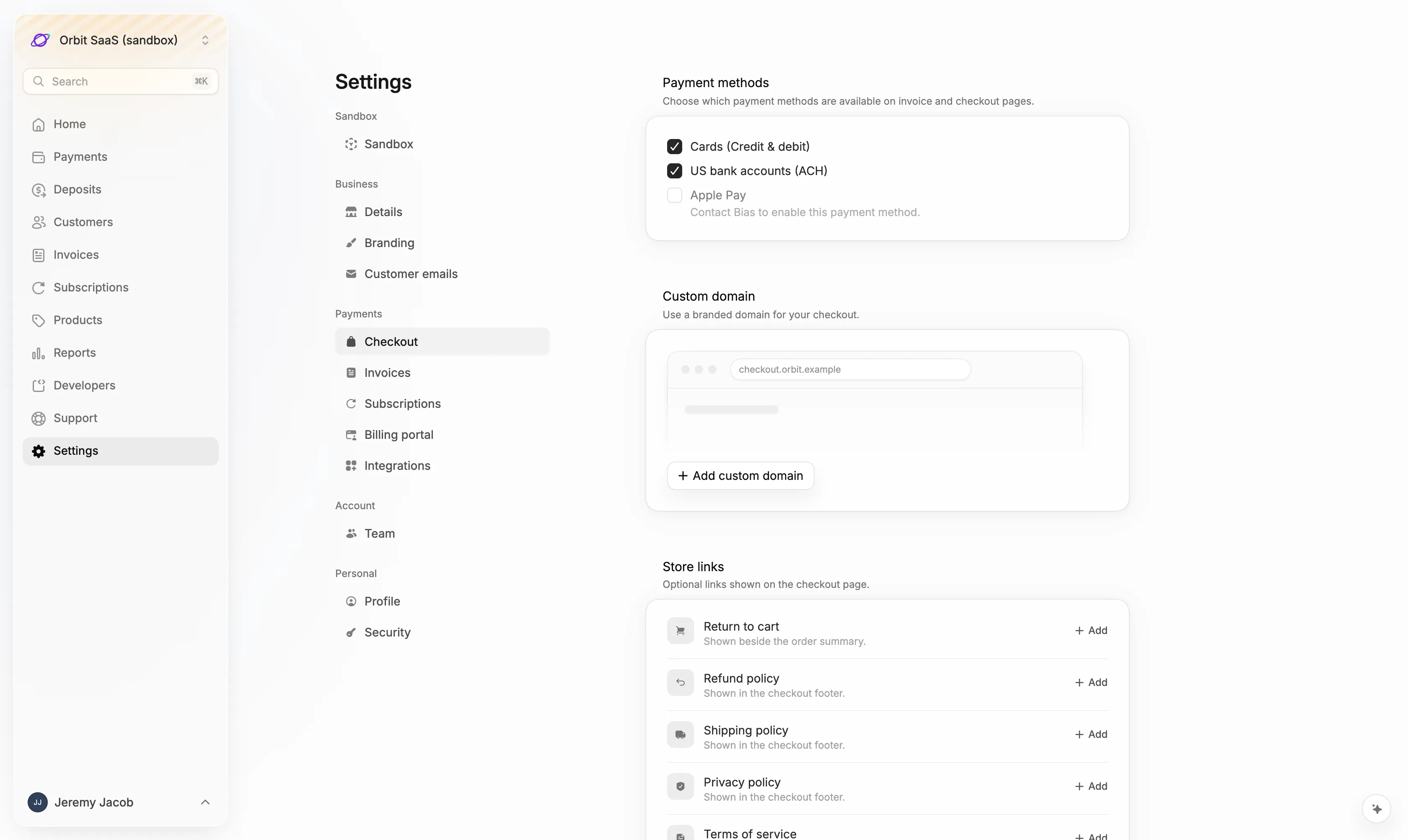 The Custom domain card in Settings → Checkout