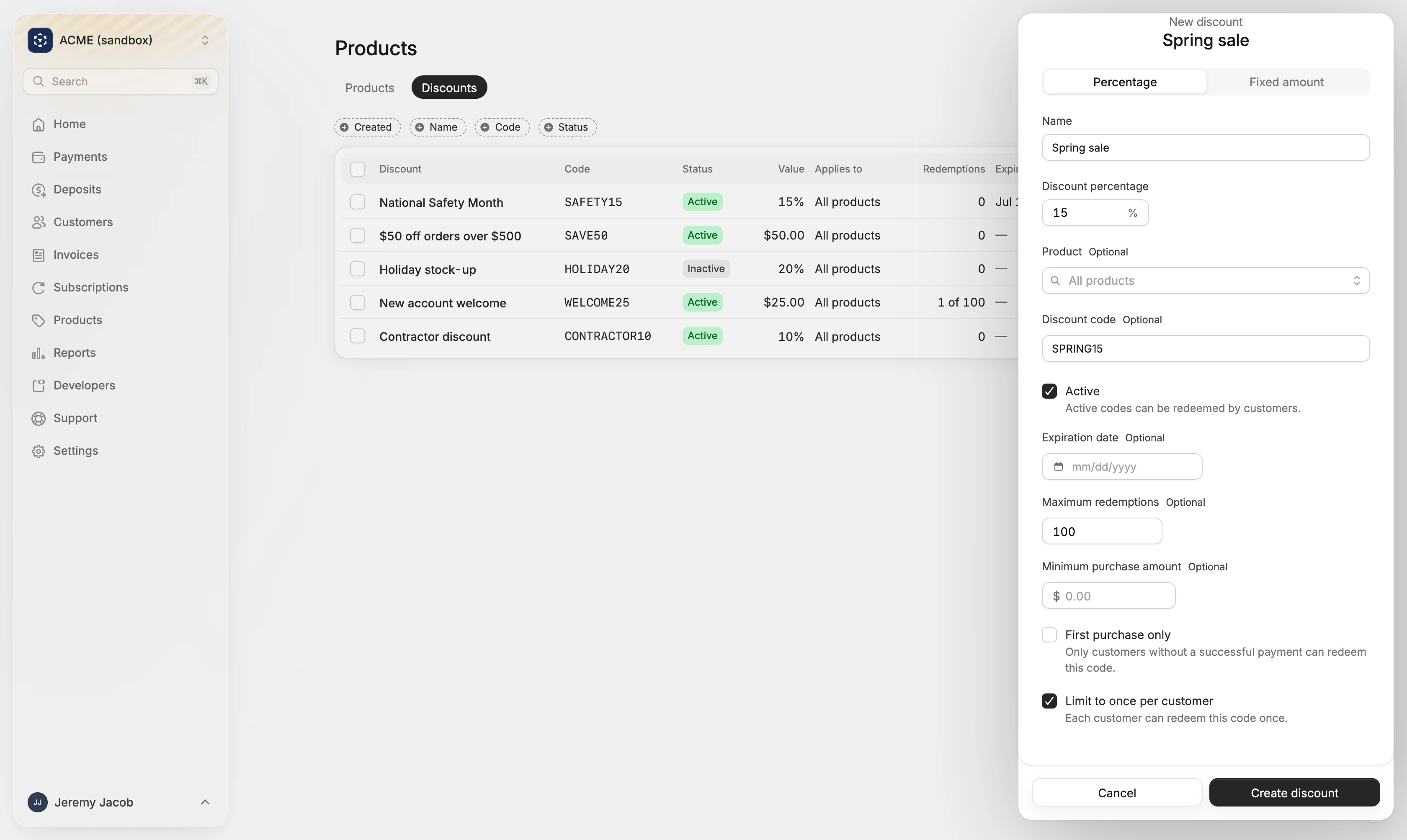 Creating a 15% discount with the code SPRING15, limited to 100 redemptions and once per customer
