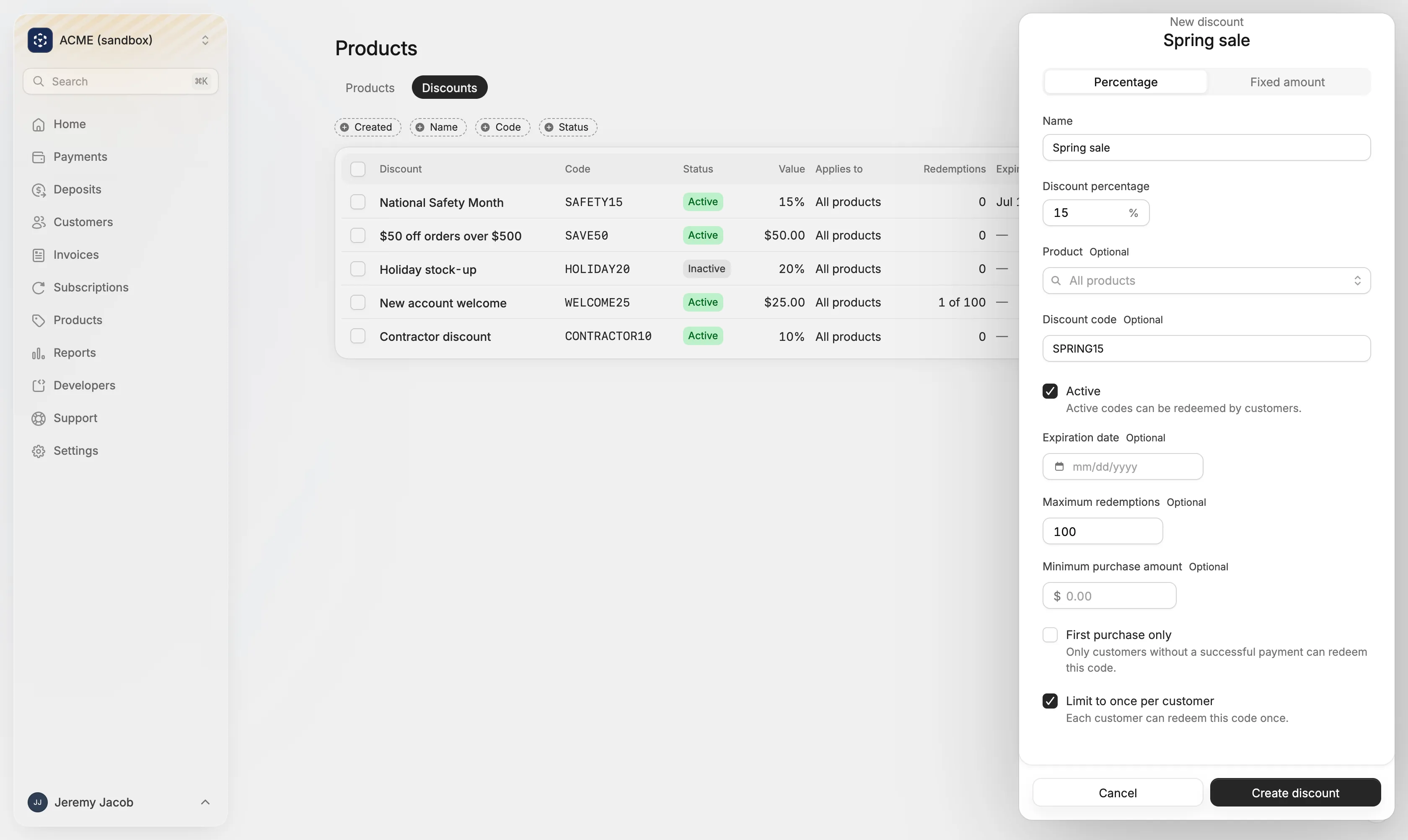 Creating a 15% discount with the code SPRING15, limited to 100 redemptions and once per customer