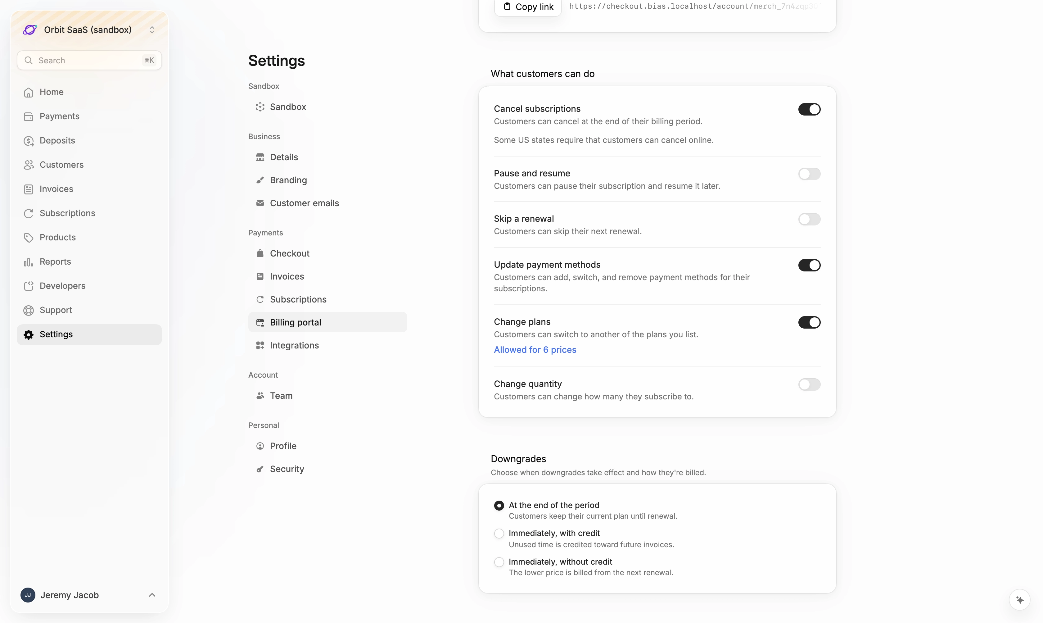 The billing portal settings, with a switch for each action customers can take