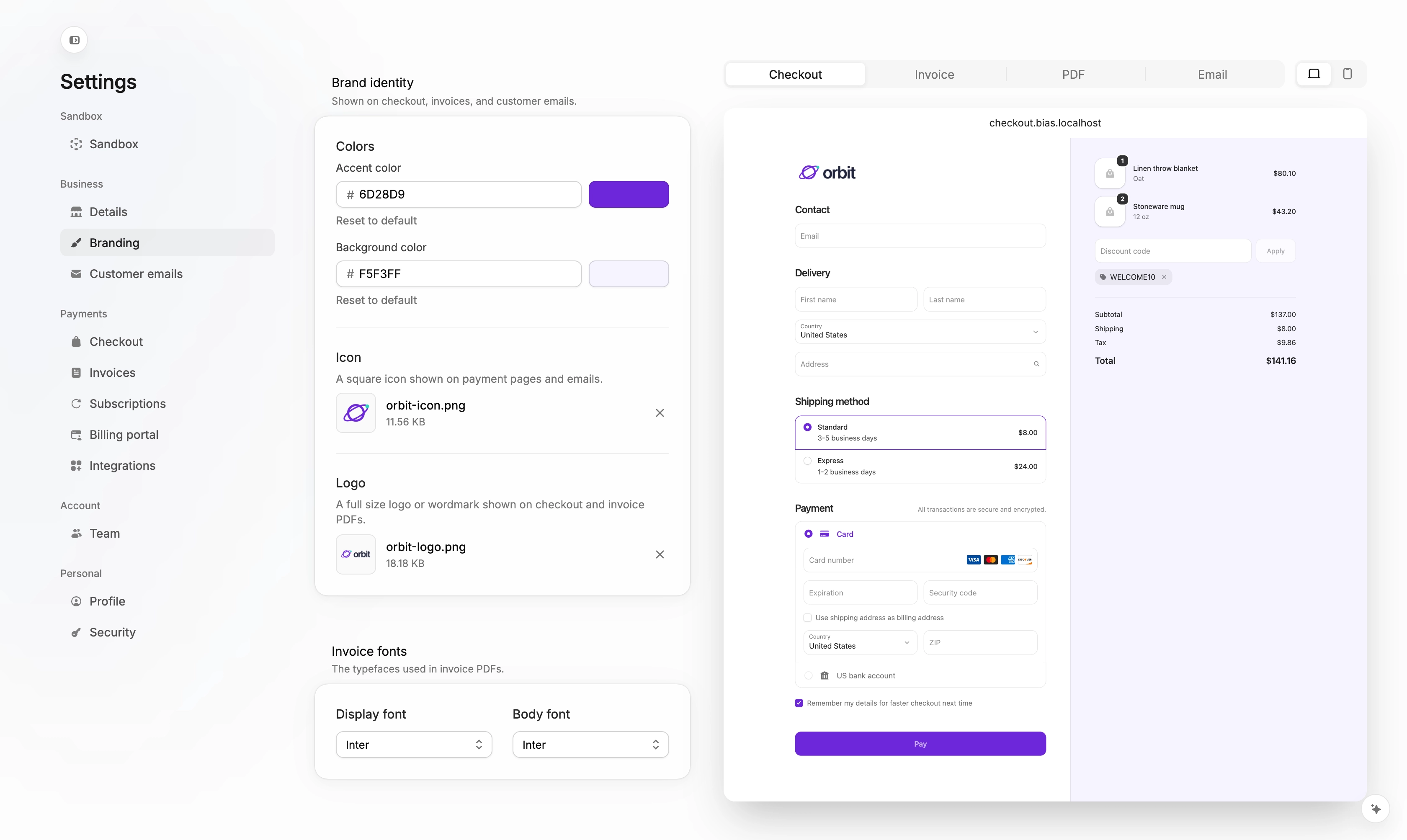 Settings → Branding with a preview of the checkout page