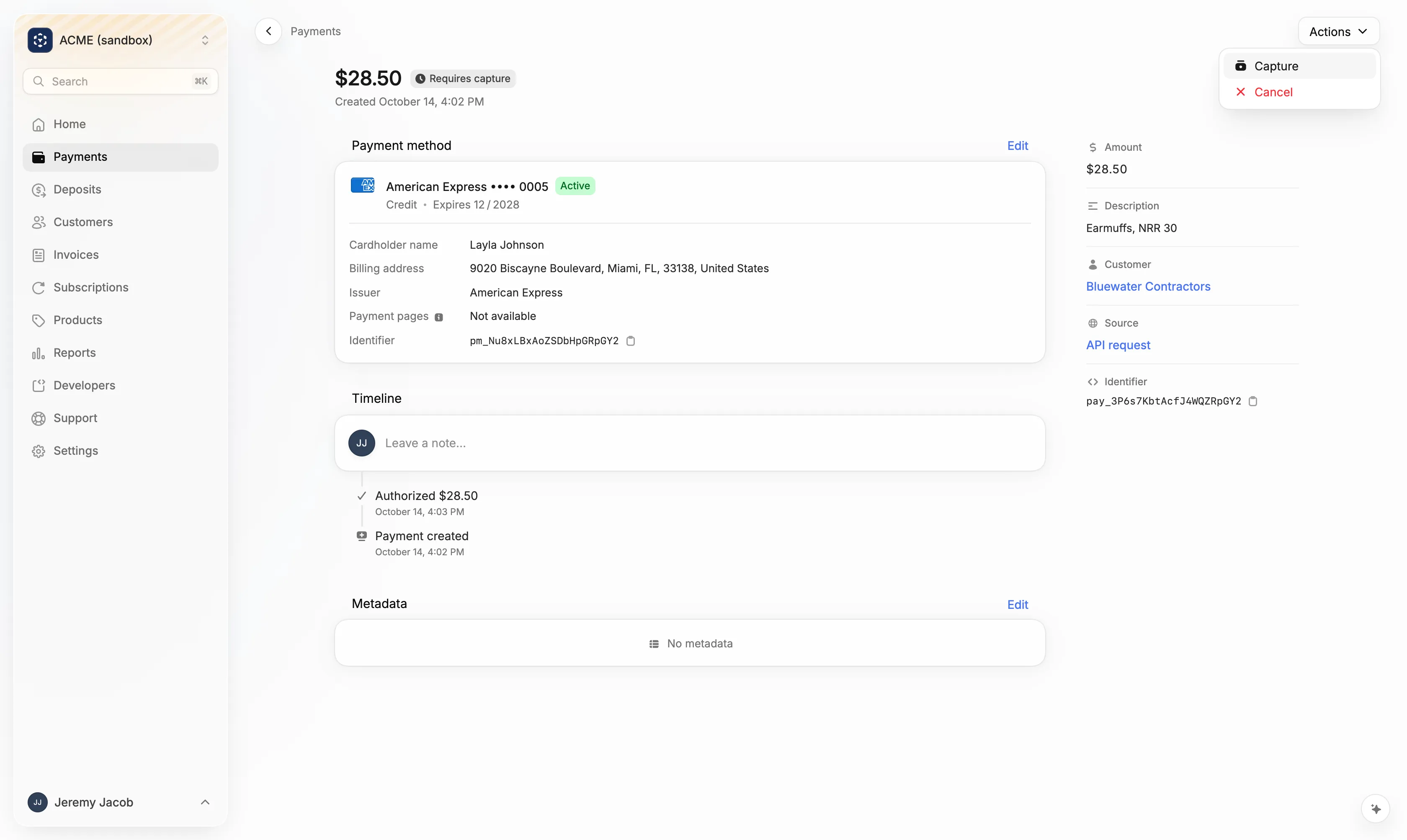 A payment that requires capture, with Capture and Cancel in its Actions menu