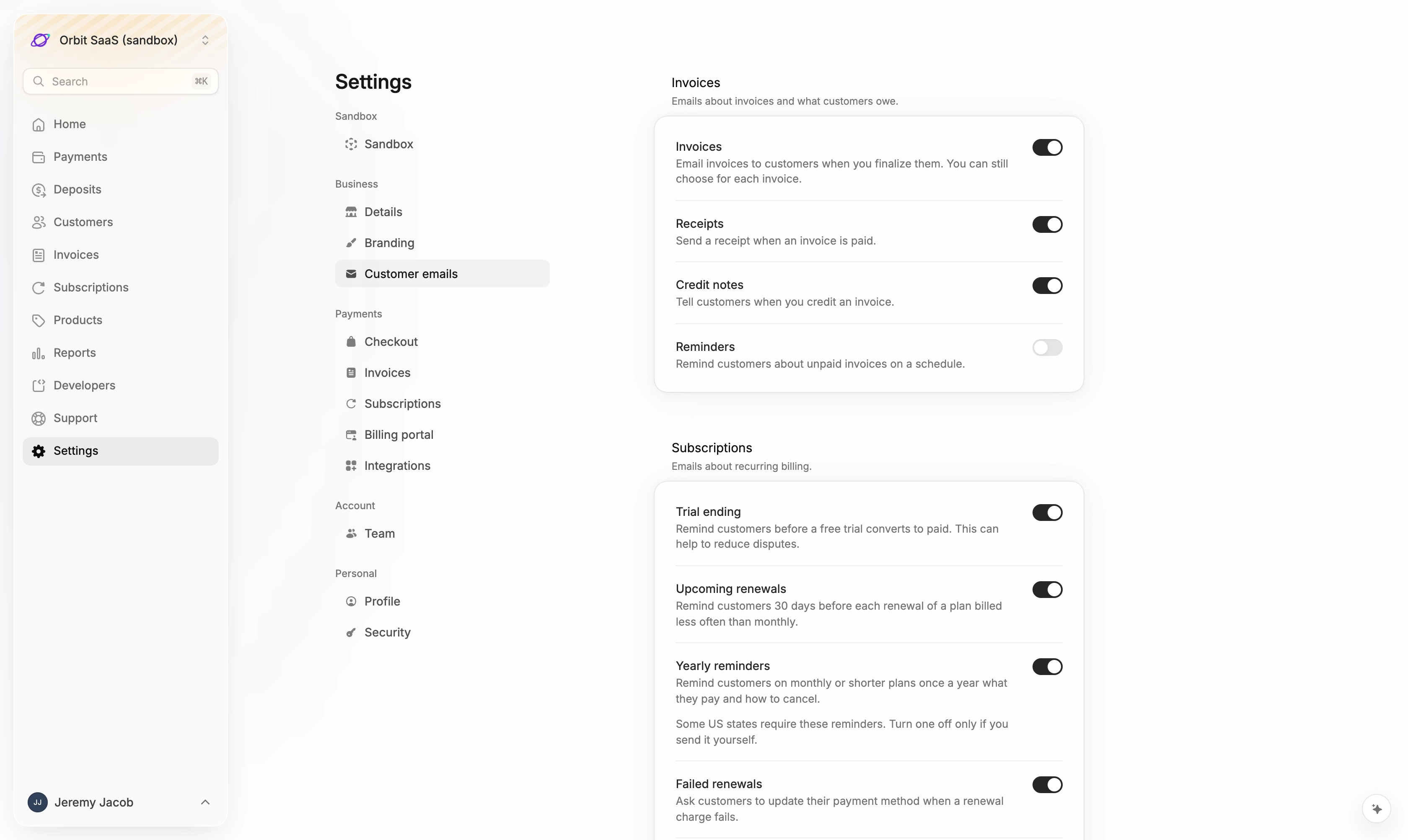 The Customer emails settings page with a switch for each email
