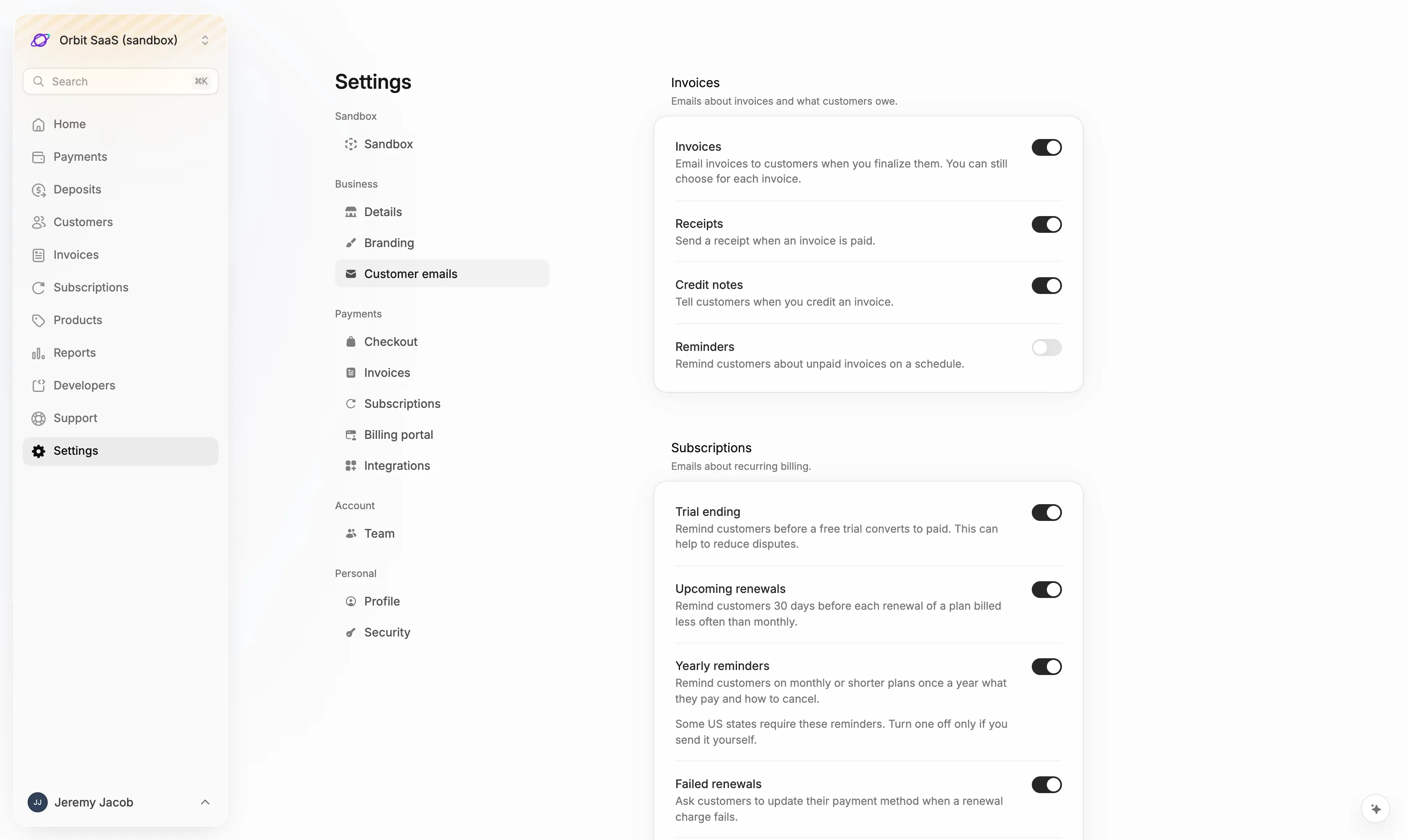 The Customer emails settings page with a switch for each email