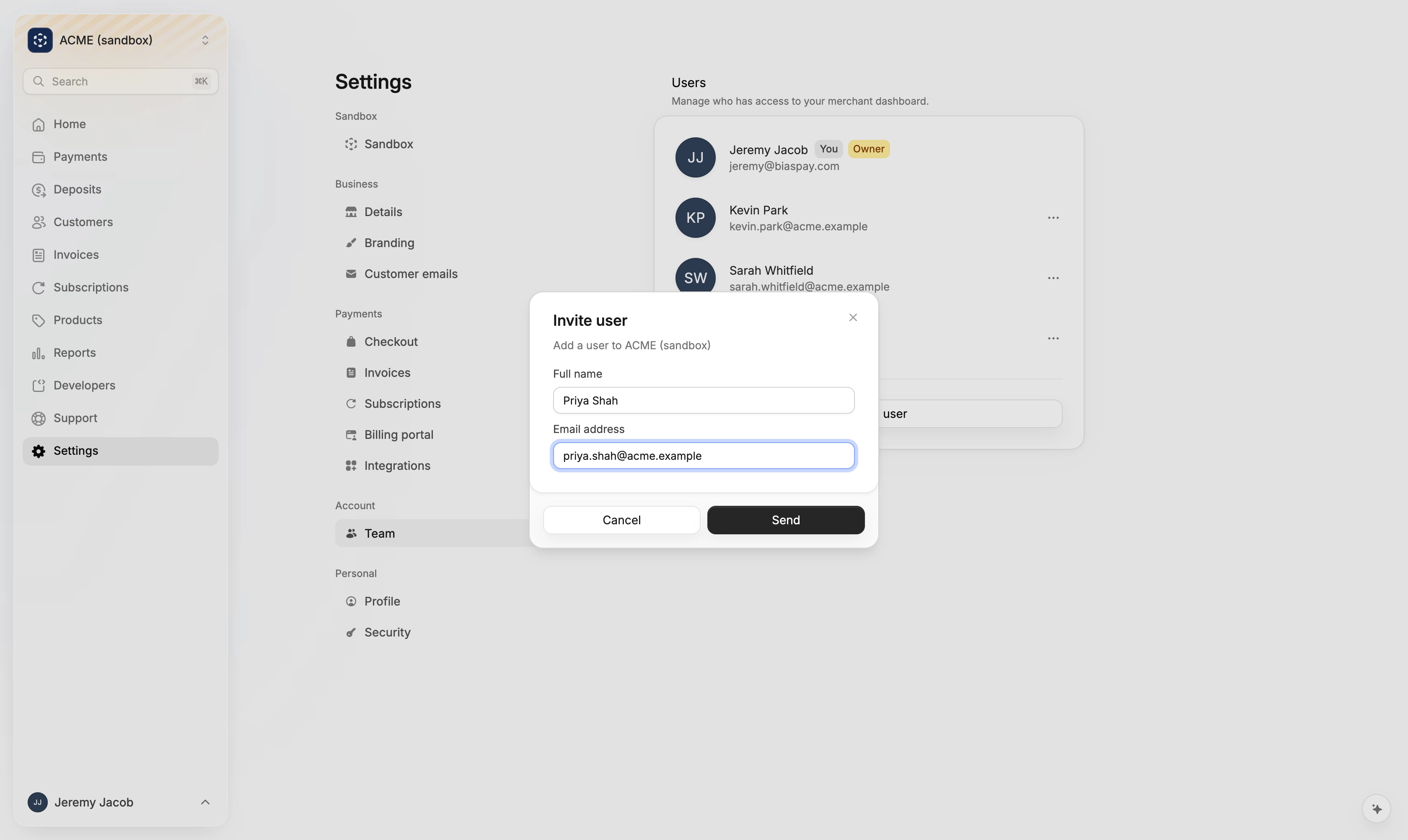 The Invite user dialog in Settings → Team